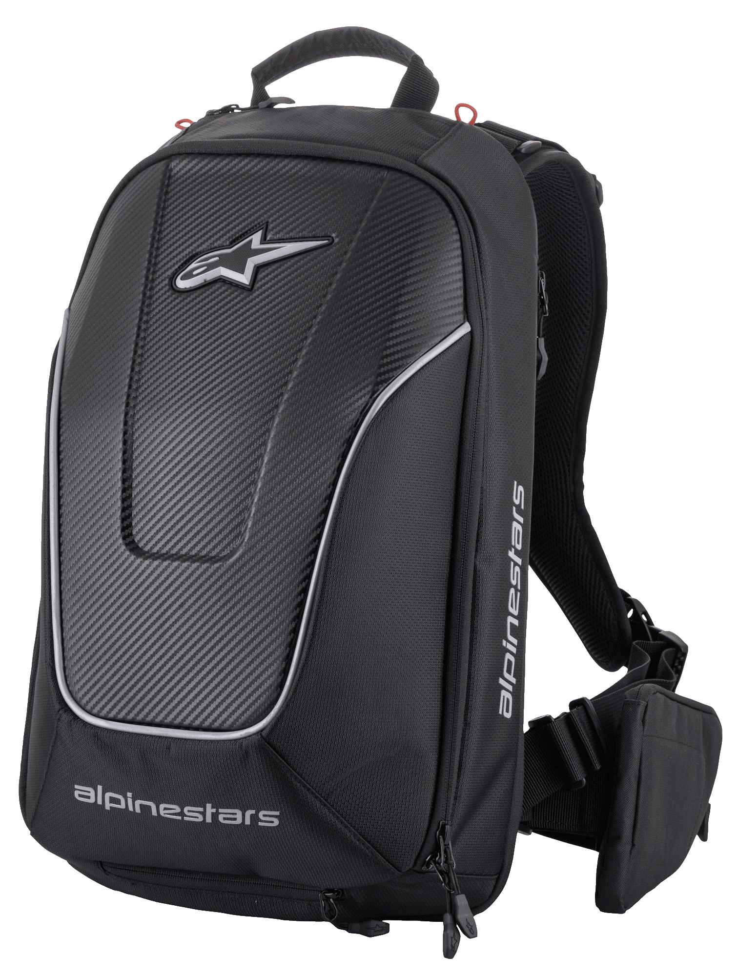 Alpinestars Charger Pro rygsæk, sort, aerodynamisk semi-rigid motorcykelrygsæk, frontpanel med kulfibertekstur og reflekterende sølvfarvet piping, hvide Alpinestars-logoer, polstrede skulderstropper og aftagelig hofteremstaske, sporty design til kørsel