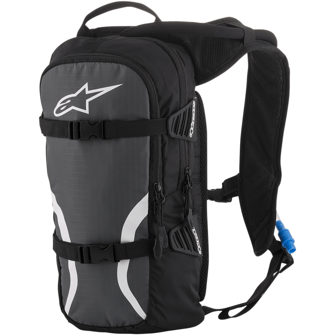 Alpinestars Iguana rygsæk med væskesystem, off-road væskerygsæk, sort, antracit og hvid, med polstrede mesh-skulderremme, kompressionsremme foran med spænder, lynlåsrum og blå drikkeslange med mundstykke