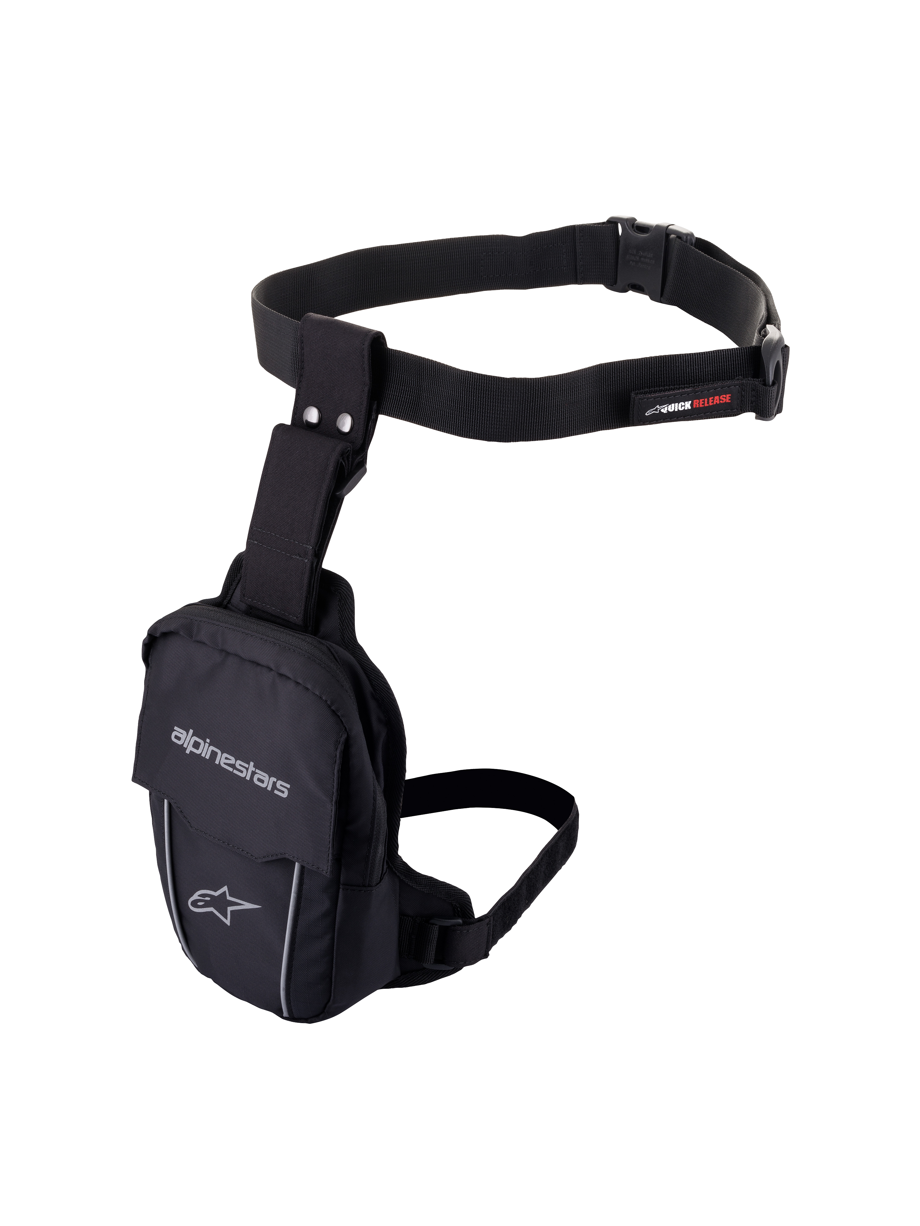 Alpinestars Access lårtaske, sort motorcykel-bentaske, holdbar tekstilkonstruktion med justerbart taljebælte og lårrem, med Alpinestars branding, reflekterende piping og quick-release spænde, ergonomisk design til opbevaring af små nødvendigheder under kørsel