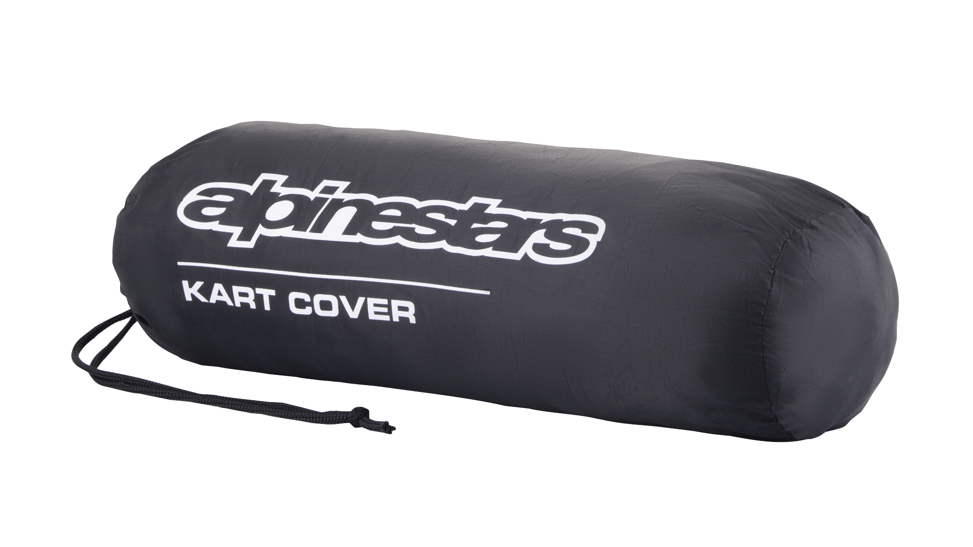 Alpinestars Kart Cover opbevaringstaske, sort, med hvidt Alpinestars-logo og 'KART COVER'-tekst, cylindrisk form med snorelukning, kompakt og bærbart design til motorsportudstyr