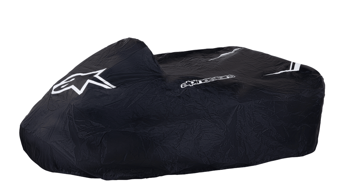 Alpinestars Kart Cover, sort, hvidt Alpinestars stjerne-logo og tekstlogo, beskyttende gokart-overtræk, slidstærkt vejrbestandigt stof med hvide stribedetaljer, struktureret design til beskyttelse i paddocken