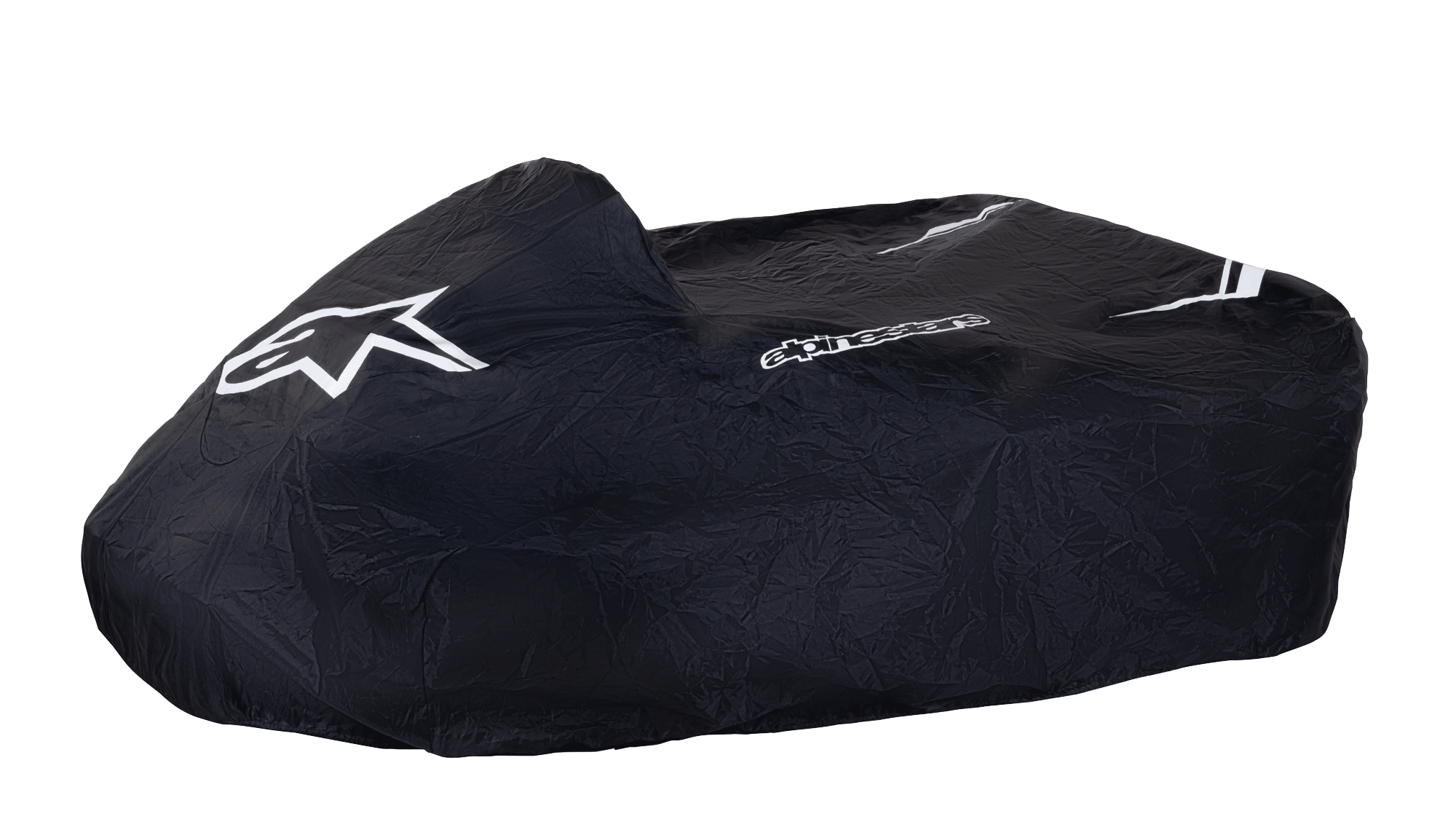 Alpinestars Kart Cover, sort, hvidt Alpinestars stjerne-logo og tekstlogo, beskyttende gokart-overtræk, slidstærkt vejrbestandigt stof med hvide stribedetaljer, struktureret design til beskyttelse i paddocken