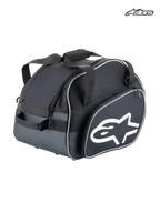 Alpinestars Flow V3 Helmet Bag, auto racing helmet and HANS device bag, black and white, lightweight polyester construction with side pocket, rigid base, and white Alpinestars logo