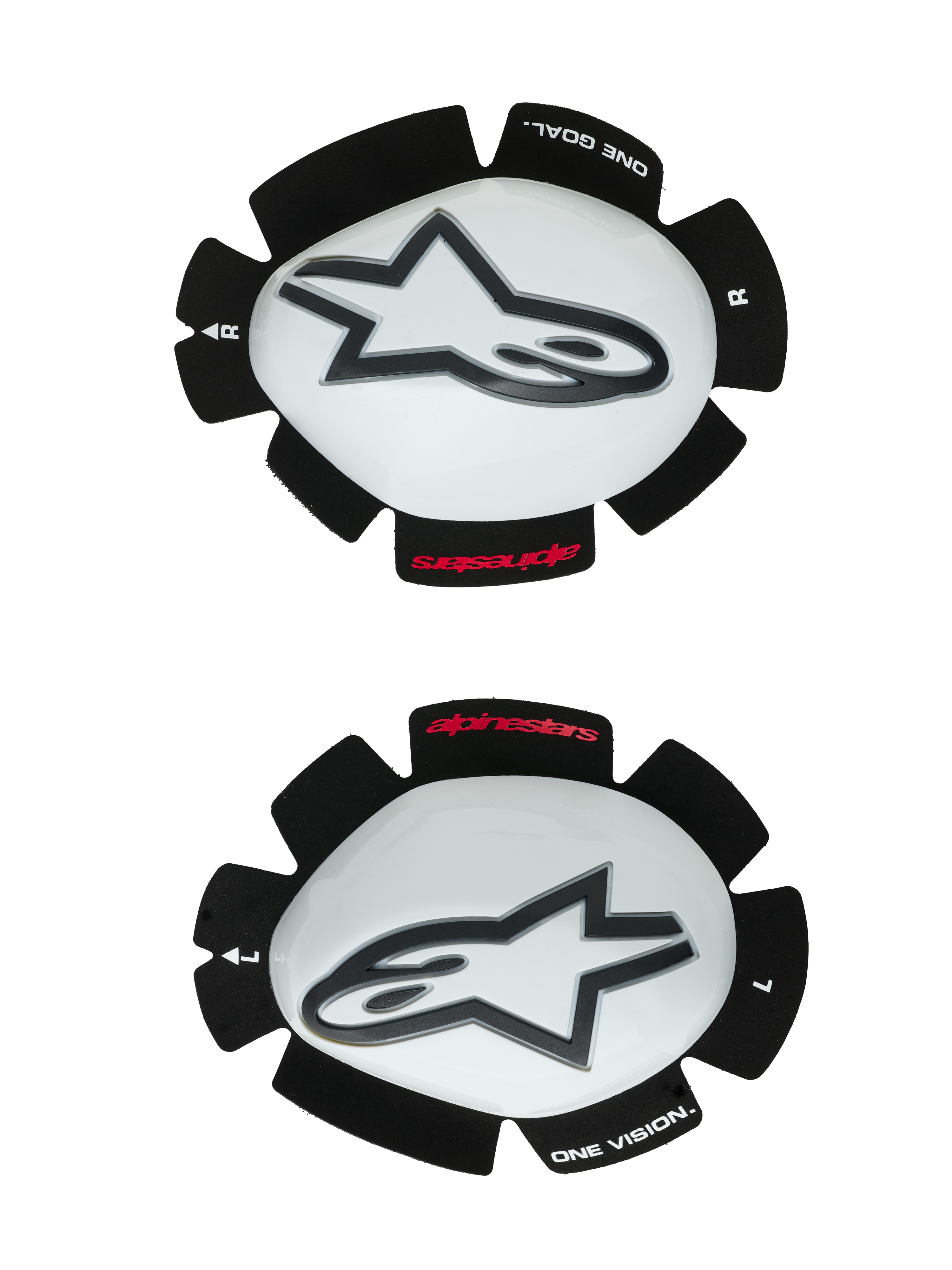 Alpinestars GP Tech knæslidere, knæbeskyttere til motorcykel, hvid og sort, sæt med venstre og højre slider med hvide plastskaller og sorte Astar-logoer, velcro-bagside med 'ONE GOAL ONE VISION'-tekst, højtydende racingudstyr