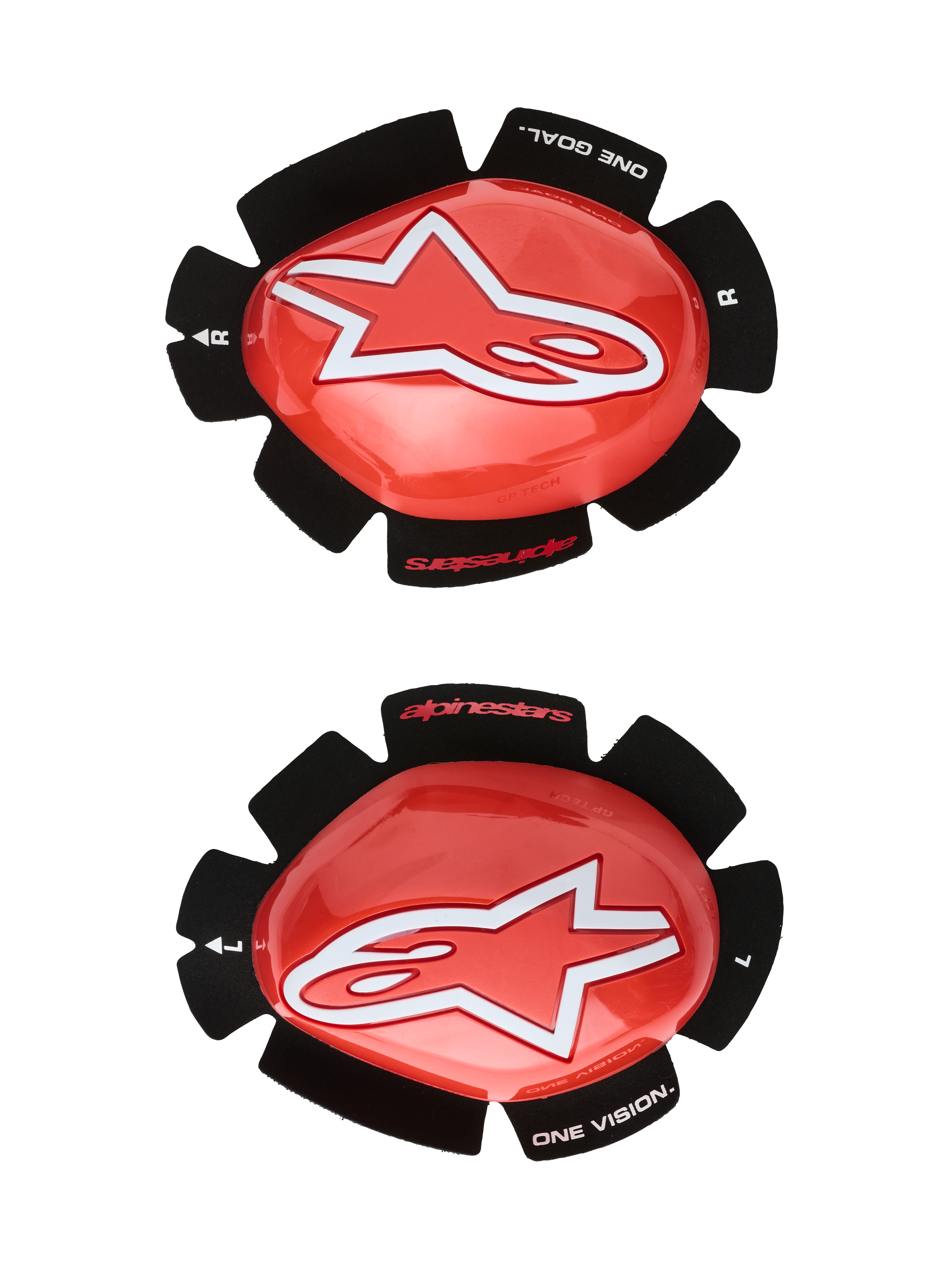 Alpinestars GP Tech knæslidere, røde og hvide, knæbeskyttere til motorcykelracing, stort hvidt stjerne-logo på blank rød plast, 'ONE GOAL. ONE VISION.' tekst på sort kronbladsformet velcrobagside, sæt med højre og venstre til banebrug
