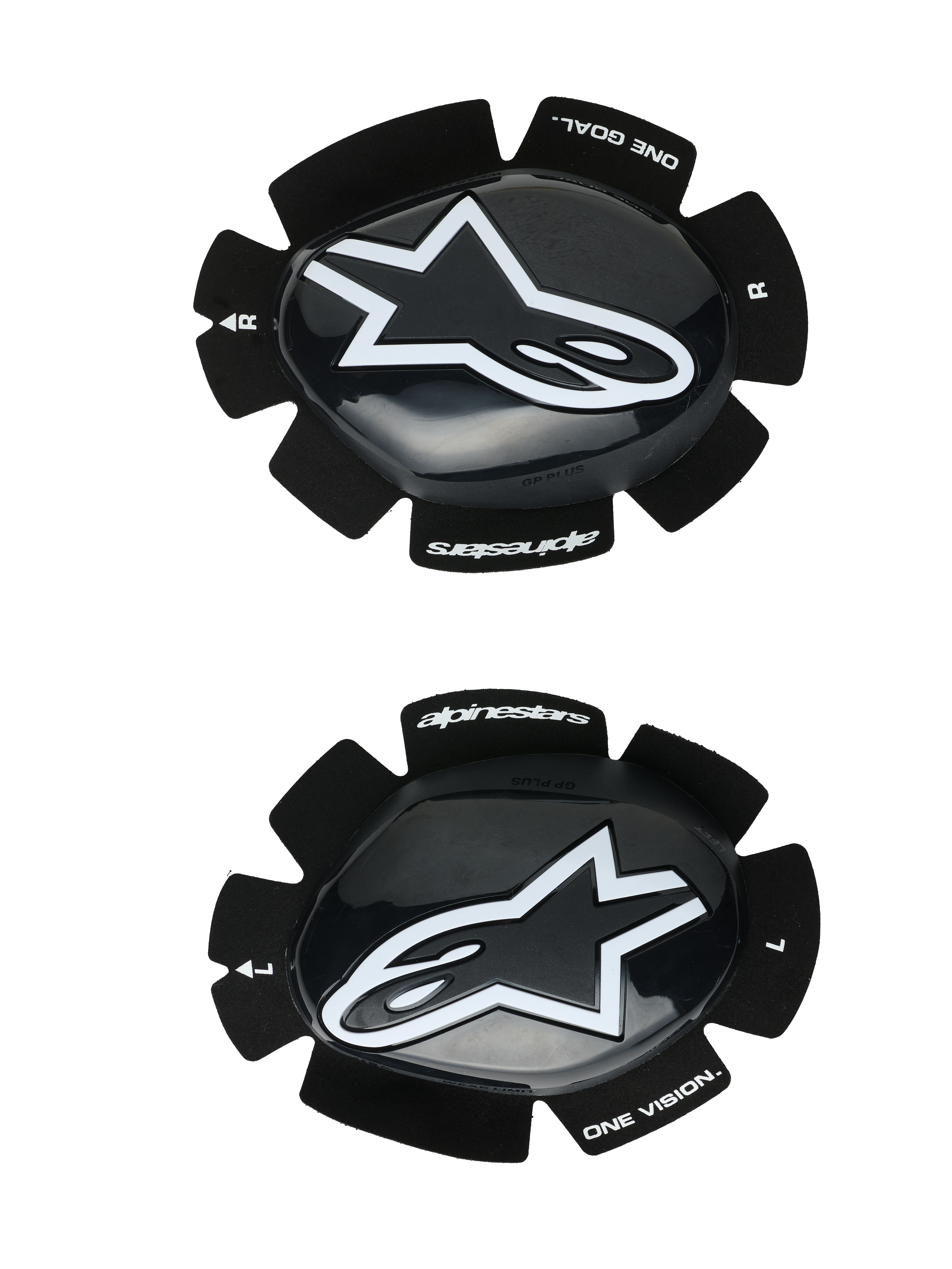 Alpinestars GP Plus knæsliders, knæbeskyttere til motorcykelracing, sort og hvid, blank finish med hvidt stjerne-logo, velcro-monteringssystem, med 'One Goal One Vision'-branding, sæt til venstre og højre