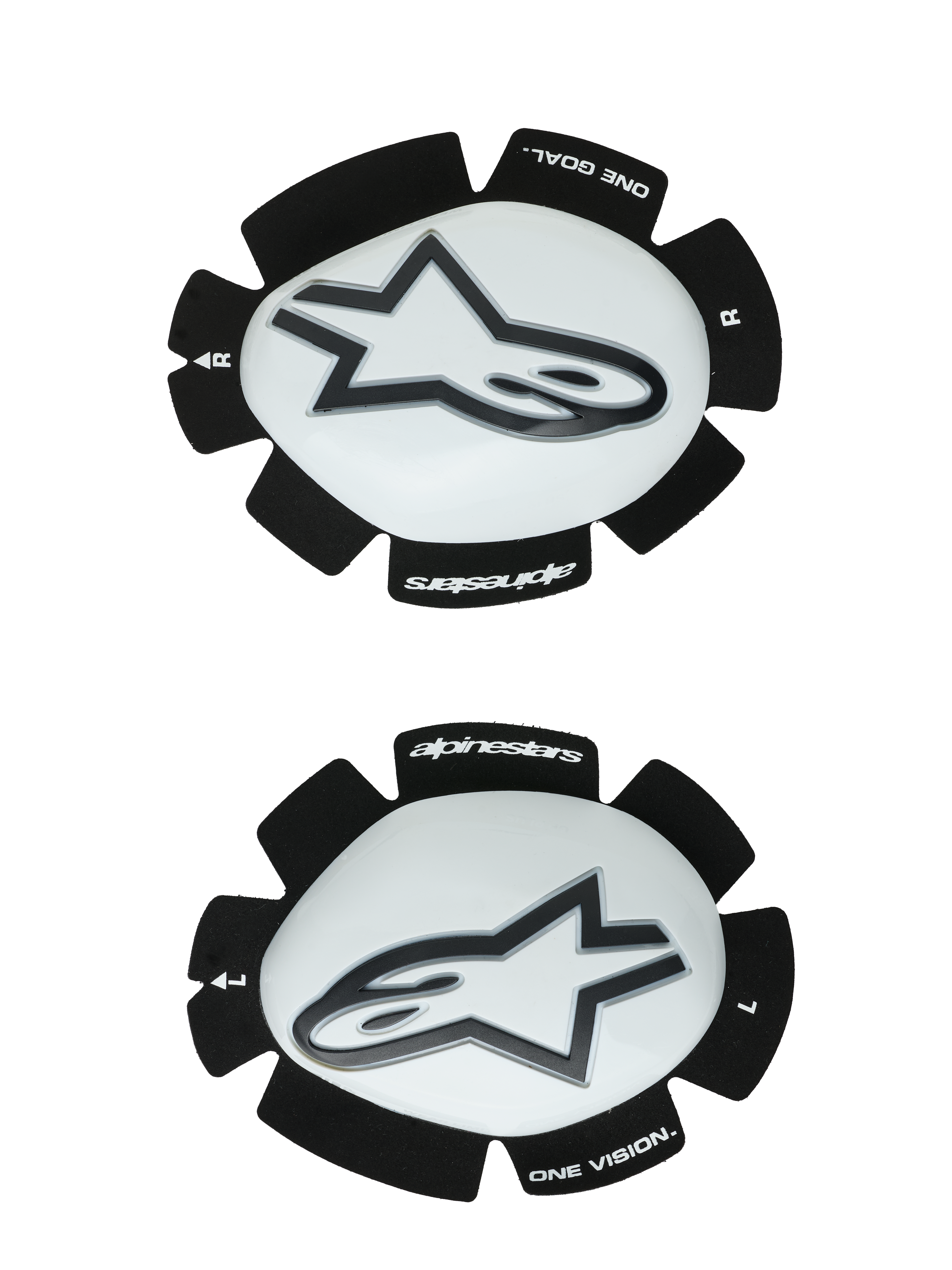 Alpinestars GP Plus Knee Sliders, White and Black, Motorcycle Racing Knee Protectors, pair showing left and right sliders with white plastic surfaces and black Astars logos, scalloped black Velcro backing featuring 'ONE GOAL' and 'ONE VISION' branding