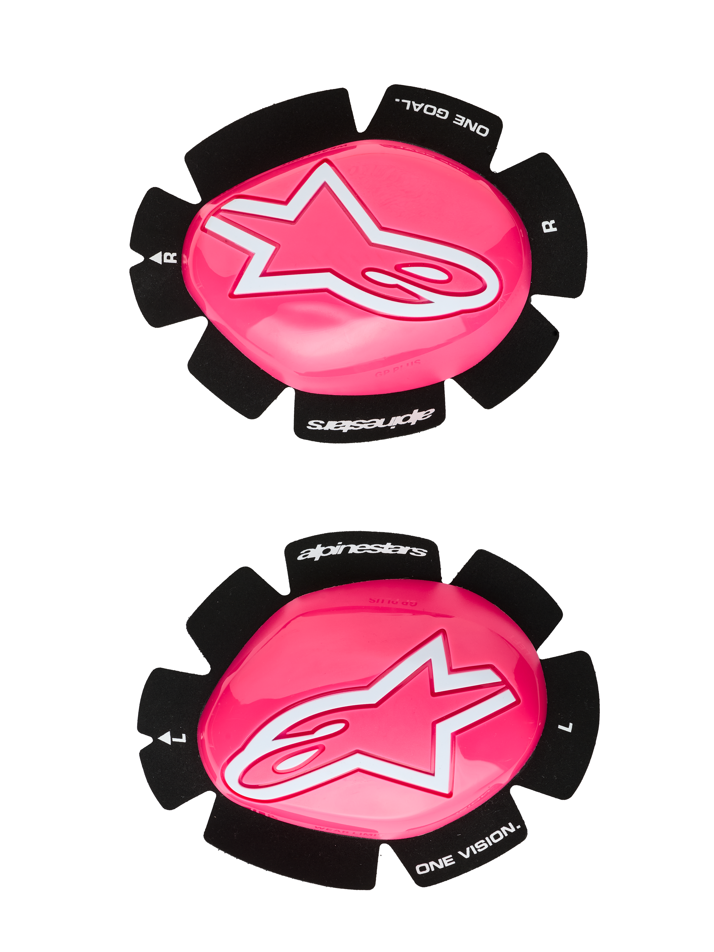 Alpinestars GP Plus knæslider, motorcykel racing knæslidere, pink fluo og hvid, sæt med venstre og højre slidere, blank lyserød overflade med hvide stjernelogoer, sort bagside med 'One Goal One Vision'-tekst, slidstærk plastkonstruktion til bane- og vejbrug
