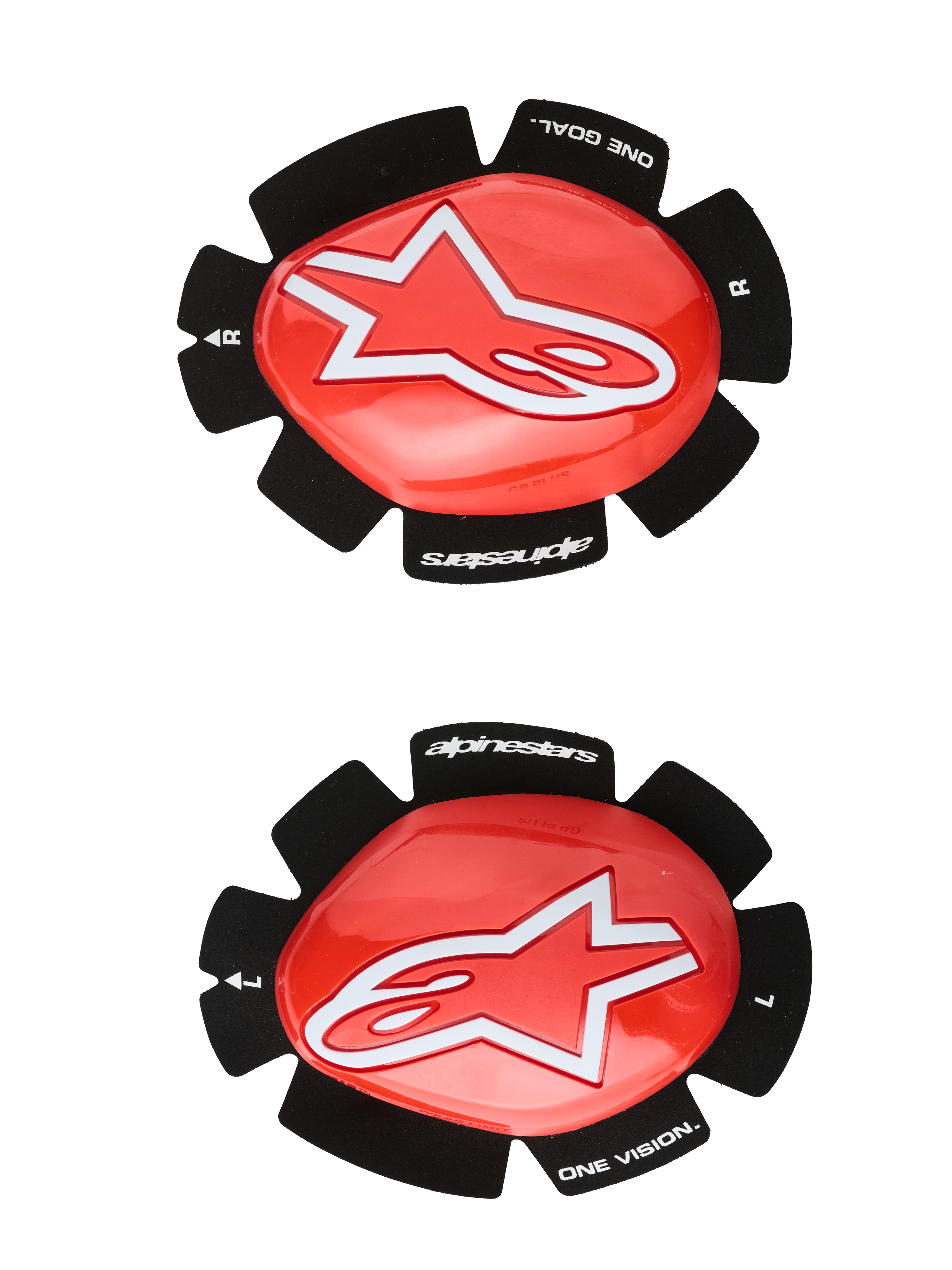 Alpinestars GP Plus knæslidere, motorcykel racing knæbeskyttelse, rød og sort, hvidt stjerne-logo, "ONE GOAL. ONE VISION." branding, Velcro-fæstepuder, venstre og højre par