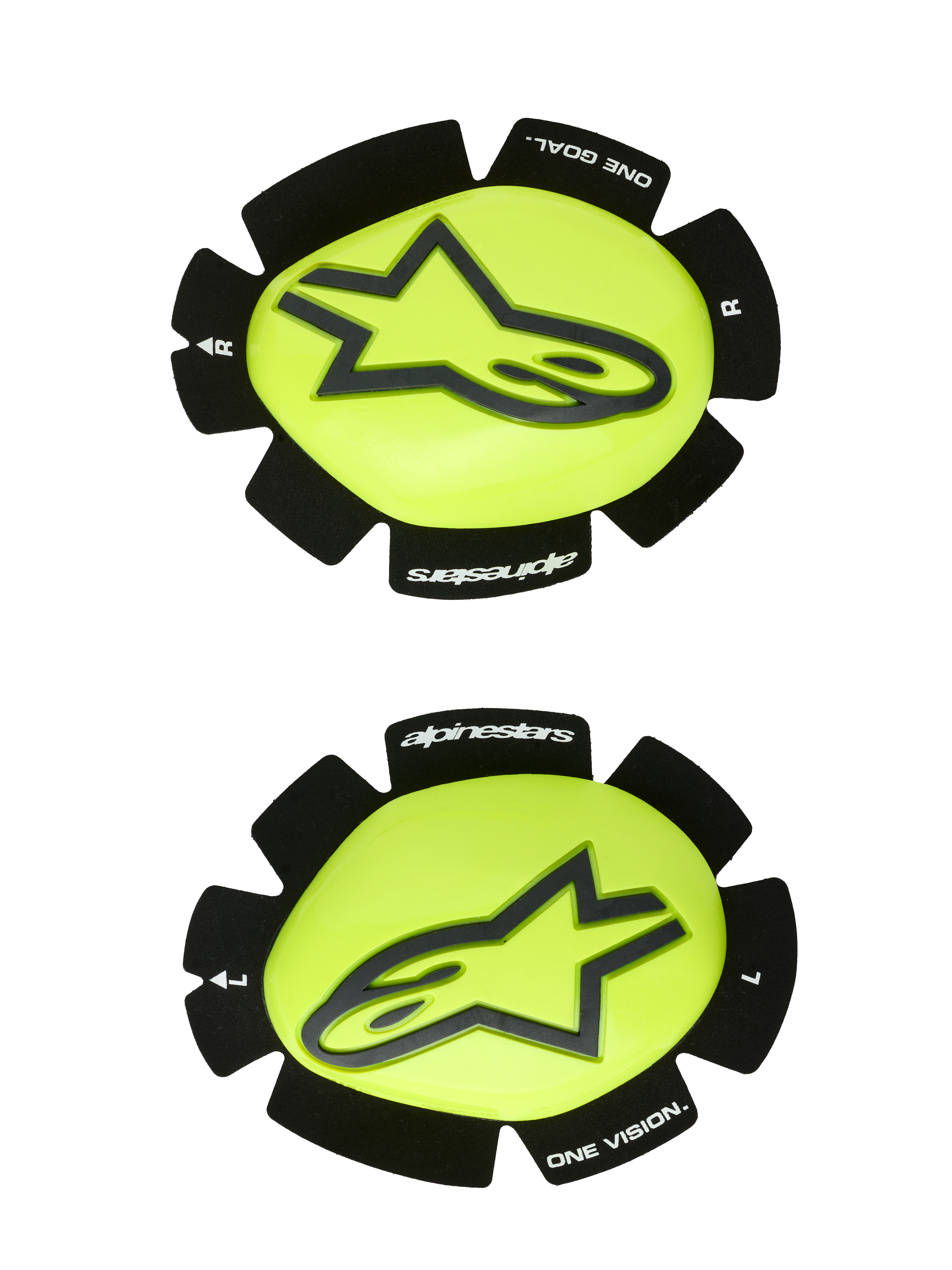 Alpinestars GP Plus Knee Slider, knæslidere til motorcykelracing, gul fluo og sort, sæt med venstre og højre med sort stjerne-logo på en blank gul overflade, teksturerede sorte kanter med 'alpinestars' og 'ONE GOAL ONE VISION' branding, designet til slidstyrke på banen