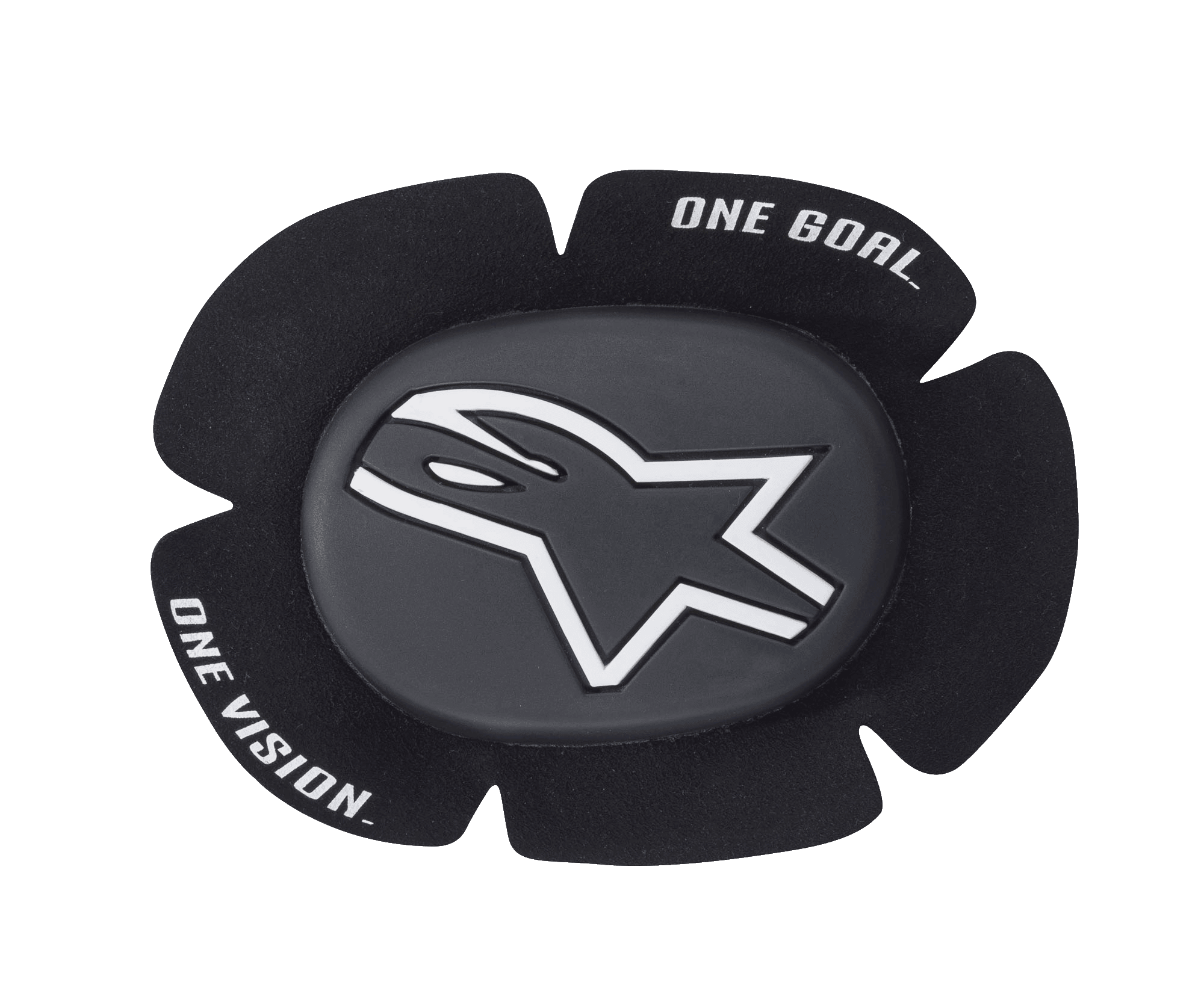 Alpinestars GP Sport Evo knæsliders, sort og hvid motorcykel racing knæsliders, med hvidt stjernelogo på en mørkegrå midterdel, fembladet kontureret design med "ONE GOAL ONE VISION" tekst, holdbar TPU-beskyttelse til bane- og sportskørsel