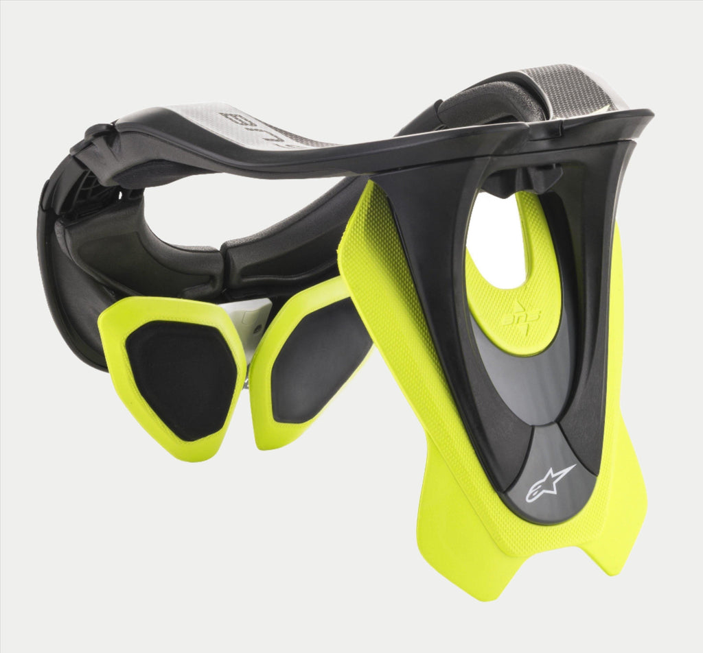 Alpinestars BNS Tech 2 nakkestøtte, motocross nakkebeskytter, sort og fluorescerende gul, ergonomisk carbonpolymer-ramme med polstrede stabilisatorer, med Alpinestars-logo, højtydende beskyttelse til off-road kørsel