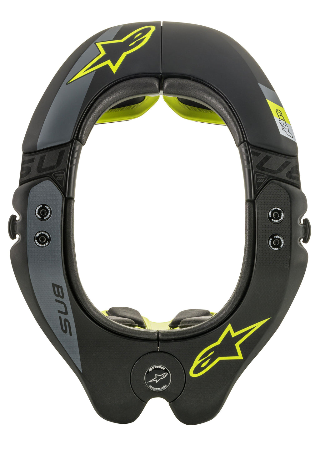 Alpi nesta rs BN S Tech 2 nakkestøtte, moto cross nakke besky tter, sor t og fluor escer ende gul, set oppe fra af den ovale ramm e med gule stjerne logoe r, grå det aljer og 'BNS'-brand ing, design et ti l off -road sikker hed