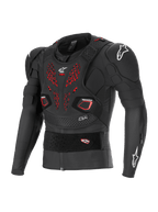 Alpinestars Bionic Pro V3 Plasma beskyttelsesjakke, off-road motorcykel kropsbeskyttelse, sort med røde ventilationsdetaljer på brystet, hvide Alpinestars-logoer på skuldre og bryst, med integrerede Nucleon PLASMA albue- og skulderbeskyttere, flydende brystplade og justerbart elastisk taljebælte, åndbar mesh-konstruktion til motocross og terrænkørsel