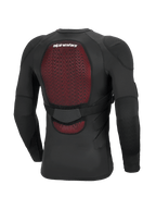 Alpinestars Bionic Plasma LT Beskyttelsesjakke, langærmet, sort, set bagfra med fokus på den røde Nucleon PLASMA-rygbeskytter, åndbar strækbar mesh-konstruktion, justerbar taljerem og integreret albue- og skulderbeskyttelse