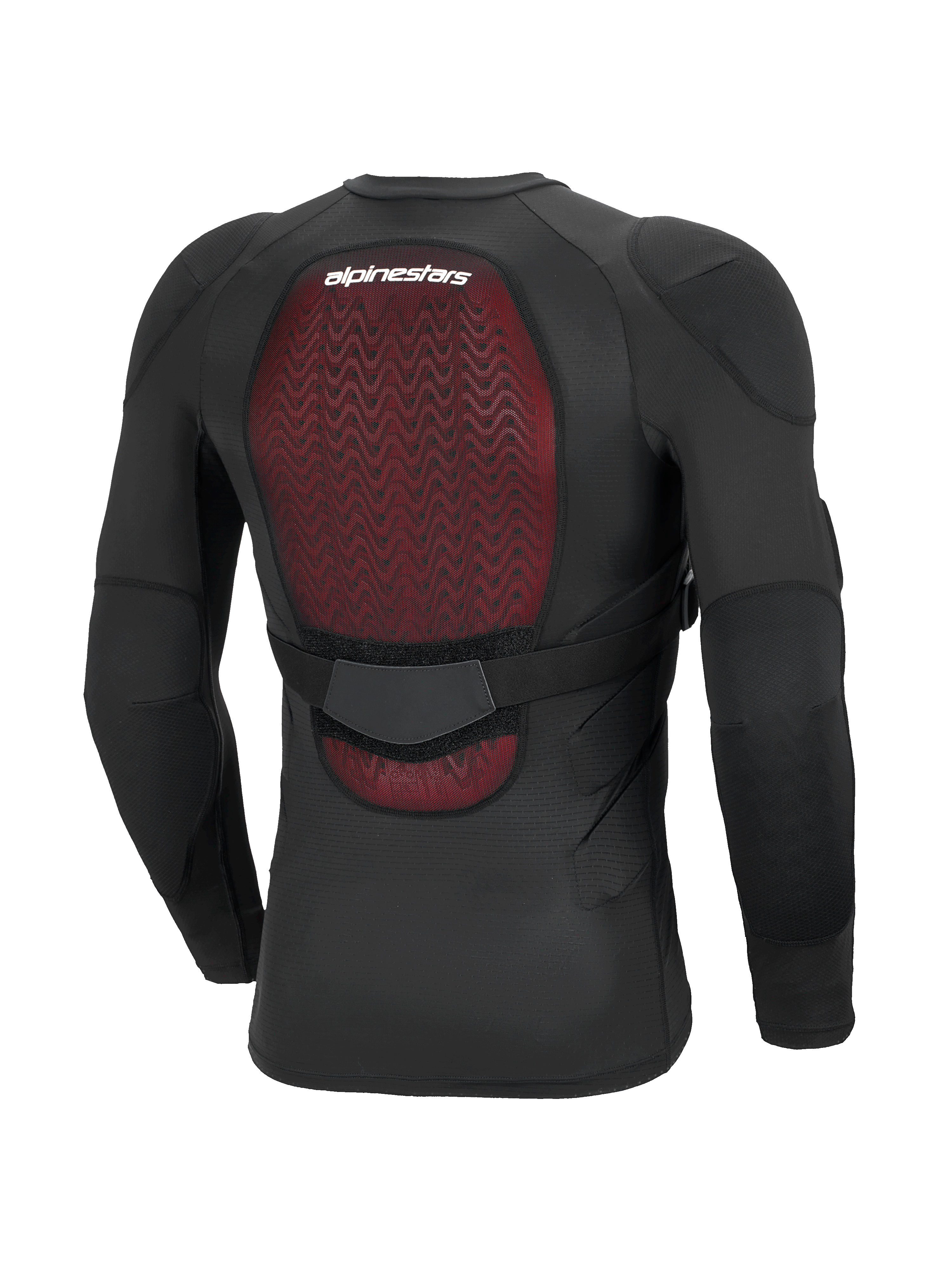 Alpinestars Bionic Plasma LT Beskyttelsesjakke, langærmet, sort, set bagfra med fokus på den røde Nucleon PLASMA-rygbeskytter, åndbar strækbar mesh-konstruktion, justerbar taljerem og integreret albue- og skulderbeskyttelse