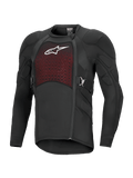 Alpinestars Bionic Plasma LT Protection Jacket, langærmet, sort og rød, off-road motorcykelbeskyttelsesudstyr med polstrede skuldre og albuer, åndbart mesh-brystpanel med hvidt logo, forskudt side-lynlås og justerbare sidebælter.