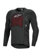 Alpinestars Bionic Plasma LT Protection Jacket, langærmet, sort og rød, off-road motorcykelbeskyttelsesudstyr med polstrede skuldre og albuer, åndbart mesh-brystpanel med hvidt logo, forskudt side-lynlås og justerbare sidebælter.