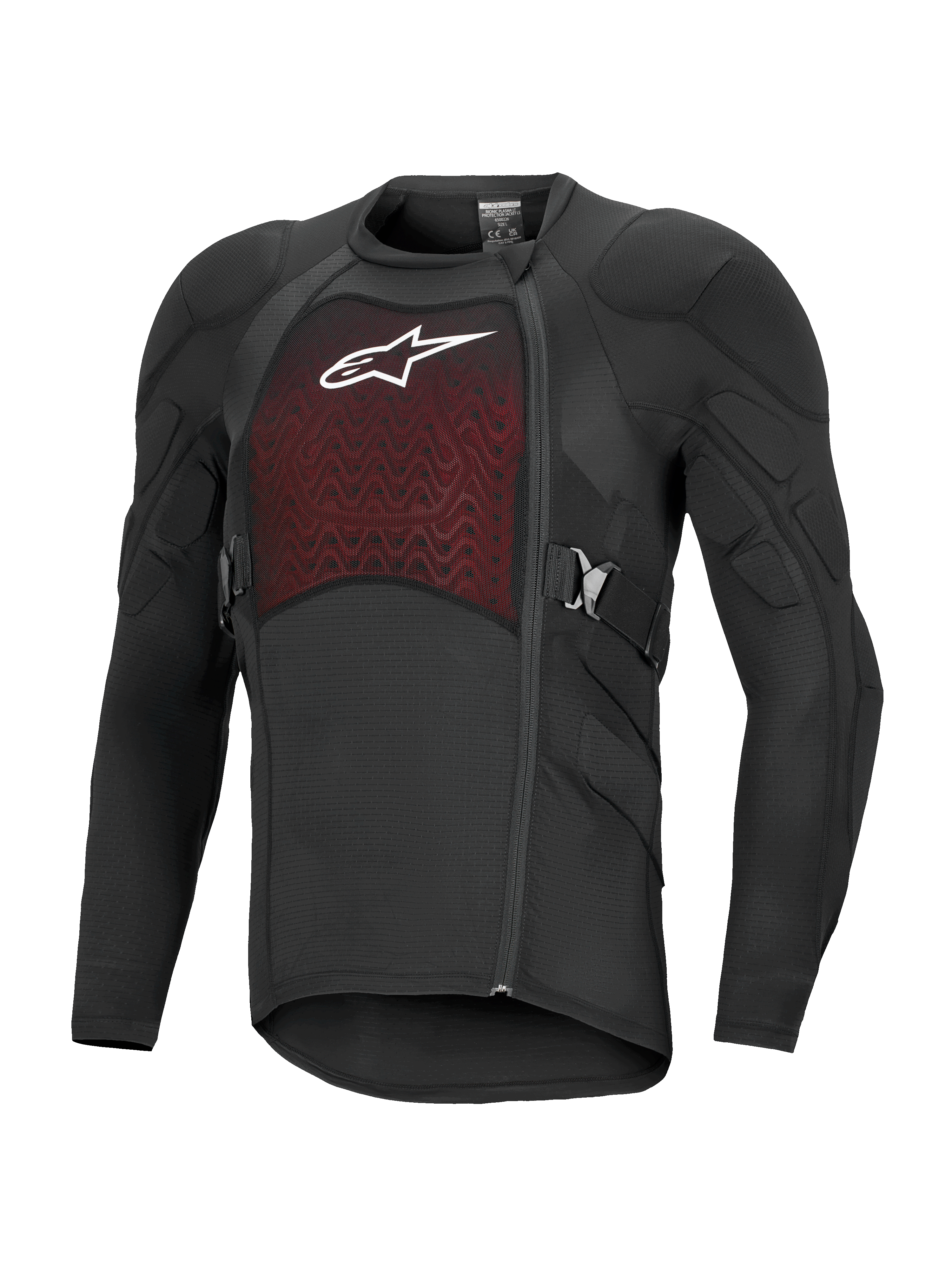 Alpinestars Bionic Plasma LT Protection Jacket, langærmet, sort og rød, off-road motorcykelbeskyttelsesudstyr med polstrede skuldre og albuer, åndbart mesh-brystpanel med hvidt logo, forskudt side-lynlås og justerbare sidebælter.