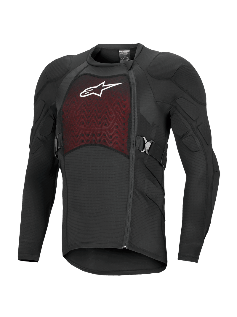 Alpinestars Bionic Plasma LT Protection Jacket, langærmet, sort og rød, off-road motorcykelbeskyttelsesudstyr med polstrede skuldre og albuer, åndbart mesh-brystpanel med hvidt logo, forskudt side-lynlås og justerbare sidebælter.