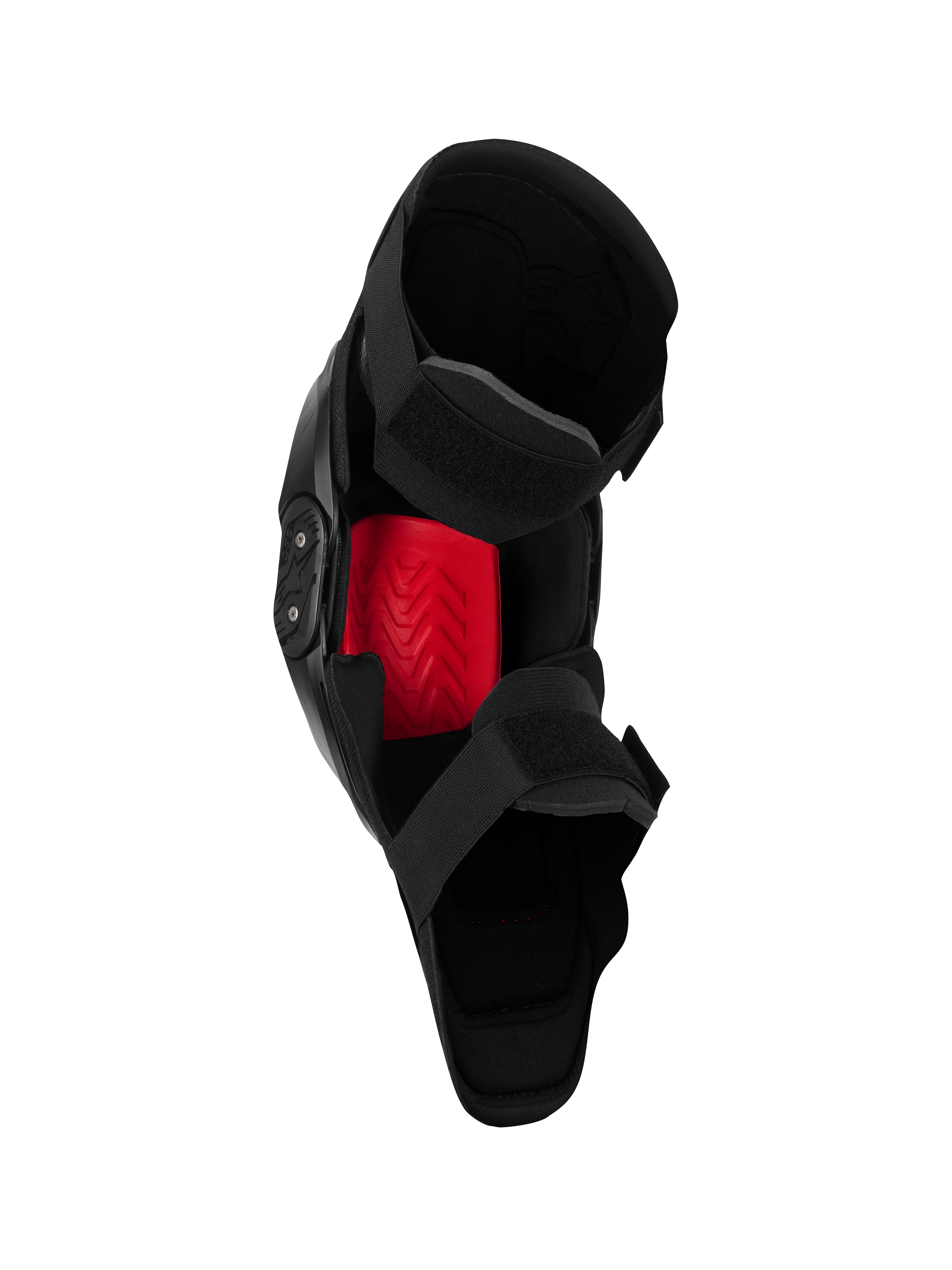 Alpinestars SX-1 Plasma knæbeskytter, motocross knæbeskytter, sort og rød, indvendig visning der fremhæver det røde Nucleon PLASMA-indlæg og det dobbelte strop-lukkesystem, designet til off-road kørsel