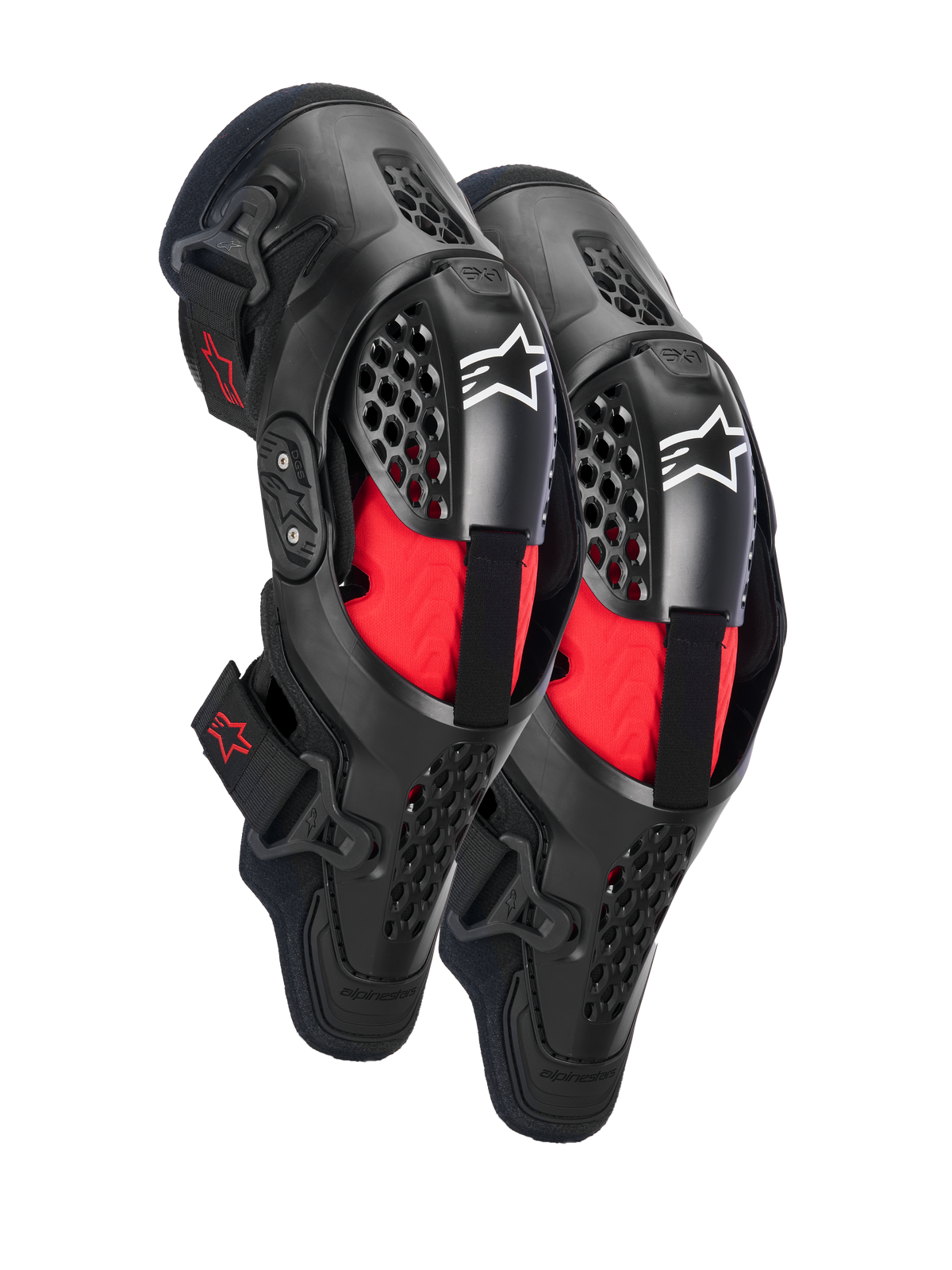 Alpinestars SX-1 Plasma knæbeskyttere, motocross knæbeskyttelse, sort og rød, med halvstive ventilerede rammer, rød indvendig polstring, hvide Alpinestars-logoer på knæskallen og et dobbelt drejeledssystem til off-road kørsel