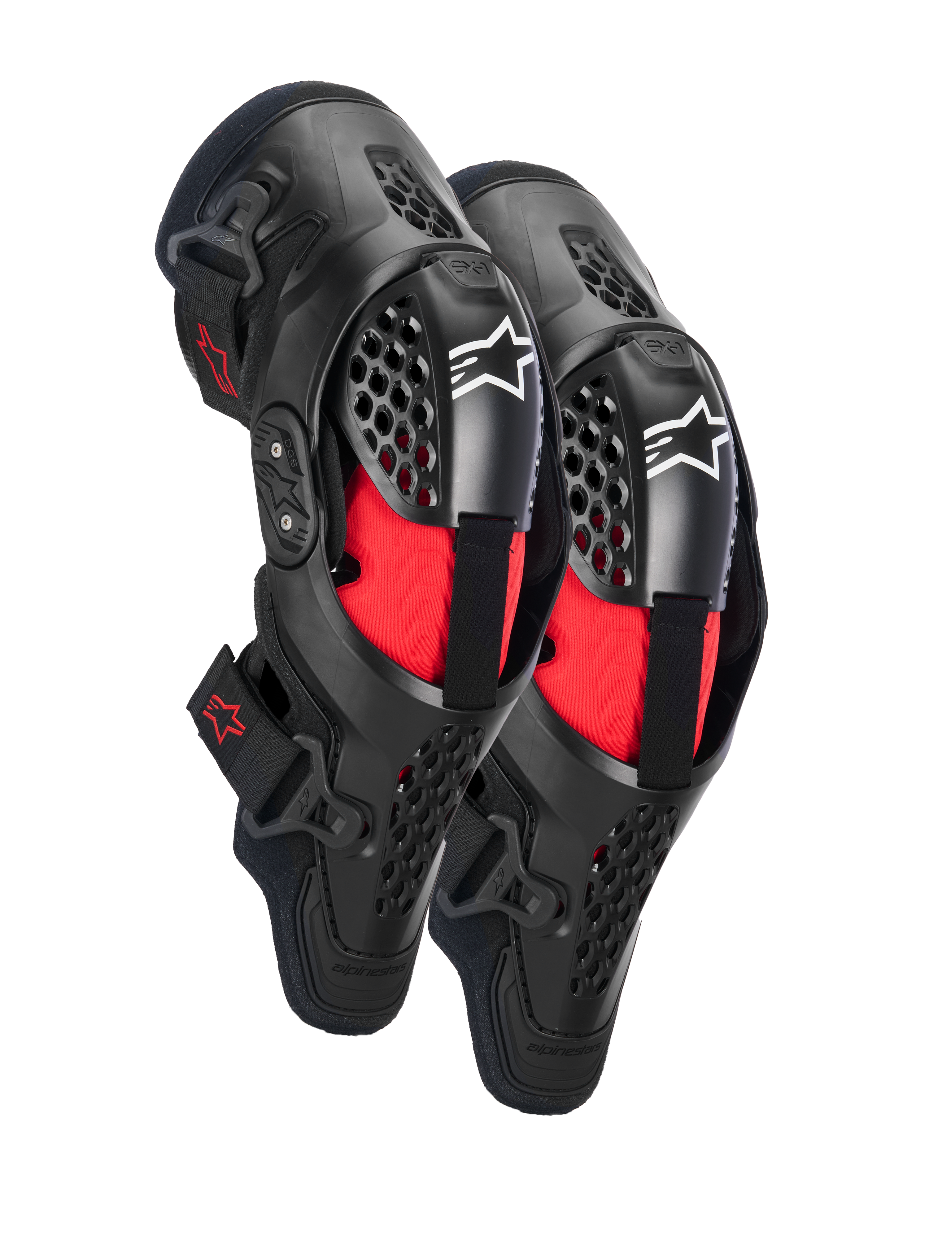 Alpinestars SX-1 Plasma knæbeskyttere, motocross knæbeskyttelse, sort og rød, med halvstive ventilerede rammer, rød indvendig polstring, hvide Alpinestars-logoer på knæskallen og et dobbelt drejeledssystem til off-road kørsel