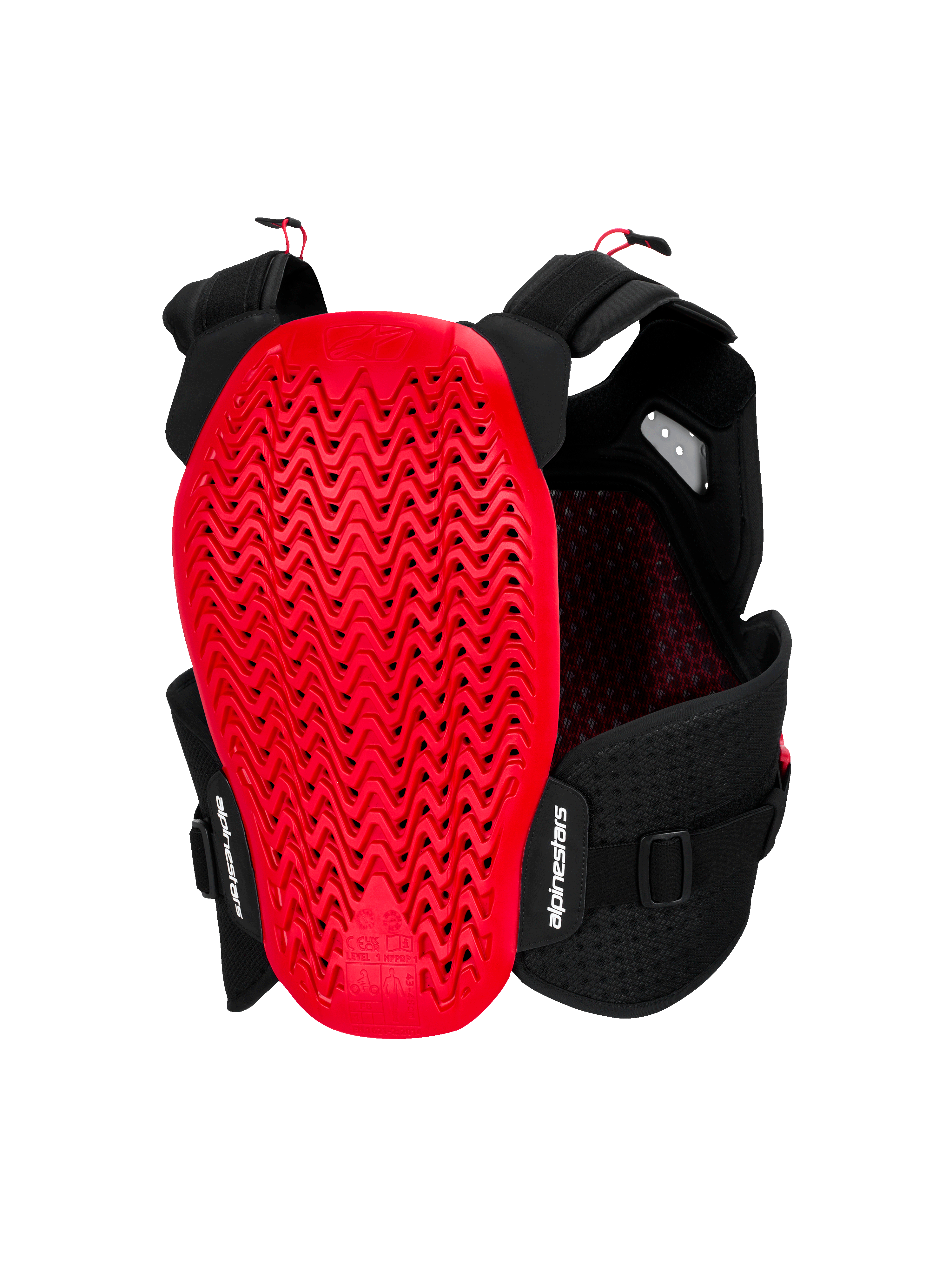 Alpinestars A-4 Plasma brystbeskytter, set bagfra, sort og rød, med en stor rød Nucleon PLASMA-rygbeskytter med et bølget perforeret design, sort mesh-chassis med justerbare stropper og hvid Alpinestars-branding.