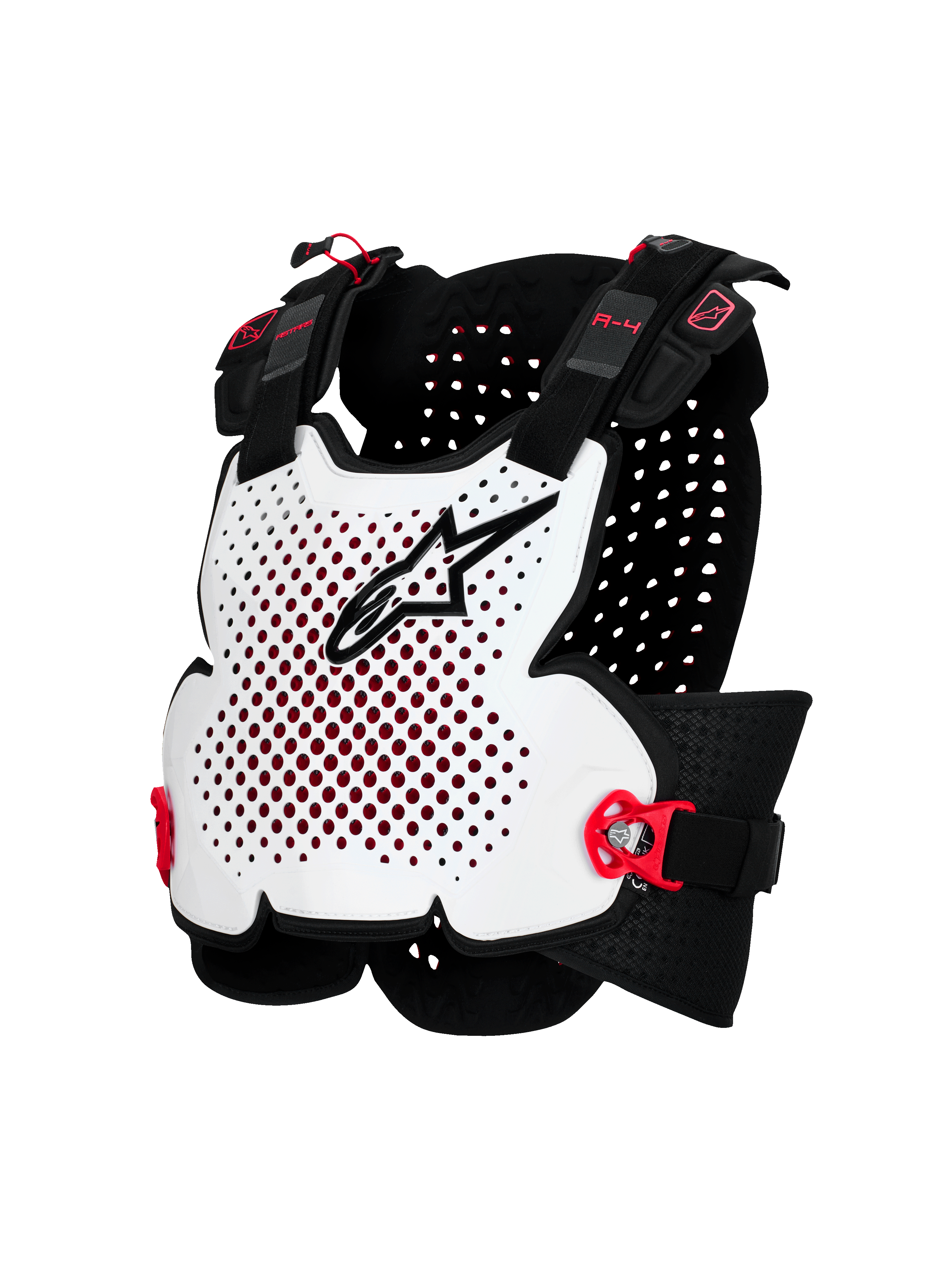 Alpinestars A-4 Plasma brystbeskytter, motorcykelbeskyttelse, hvid med sorte og røde detaljer, ventileret design med hård skal, justerbare sidestropper, letvægts off-road beskyttelse