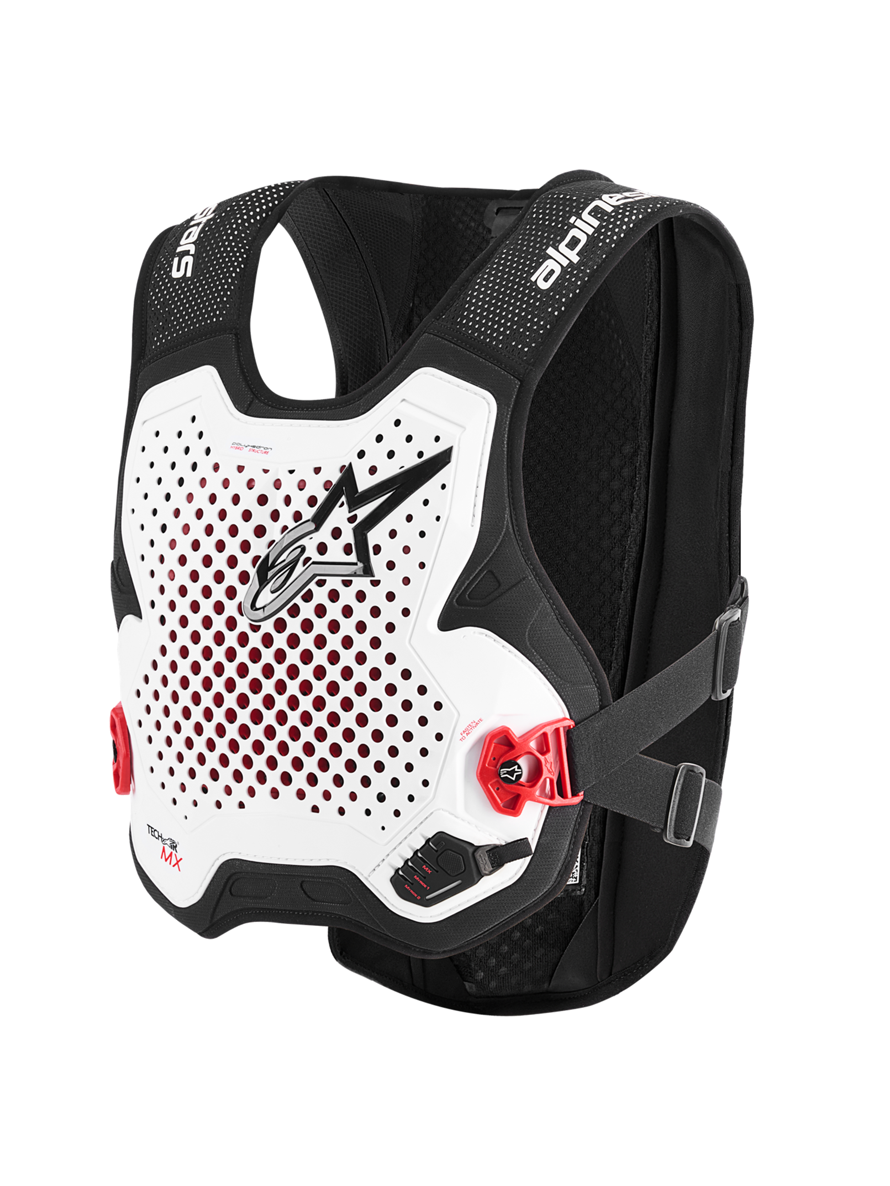 Alpinestars Tech-Air® MX System, motocross airbagbeskyttelsesvest i hvid og sort, med CE-certificeret beskyttelse, integreret Nucleon PLASMA rygbeskytter og åndbar stretch-meshkonstruktion