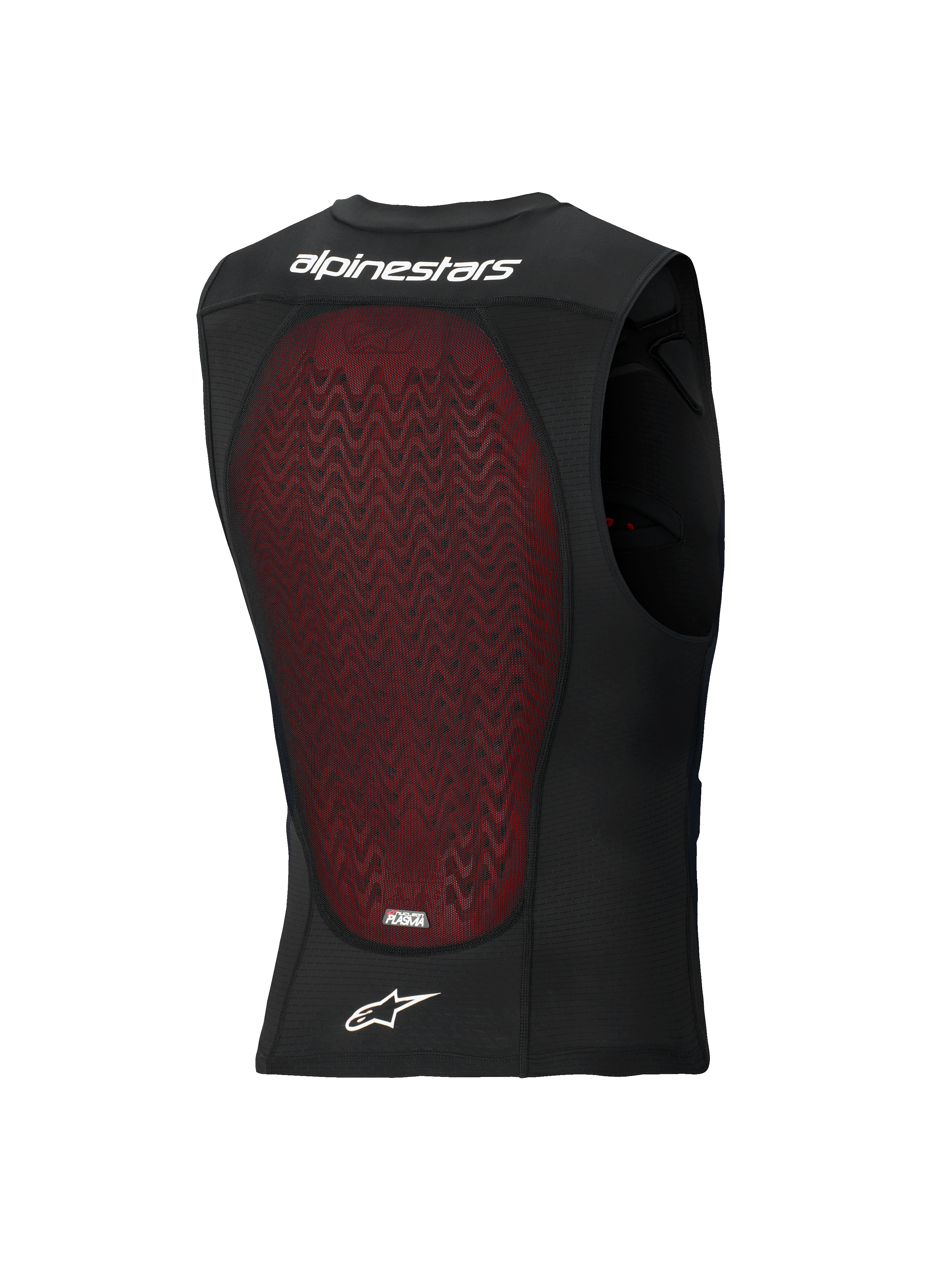 Alpinestars Bionic Plasma LT beskyttelsesvest, set bagfra, sort åndbart mesh med en stor rød Nucleon PLASMA-rygbeskytter, hvidt Alpinestars-navnetræk og logo, designet til off-road og motocross-stødbeskyttelse