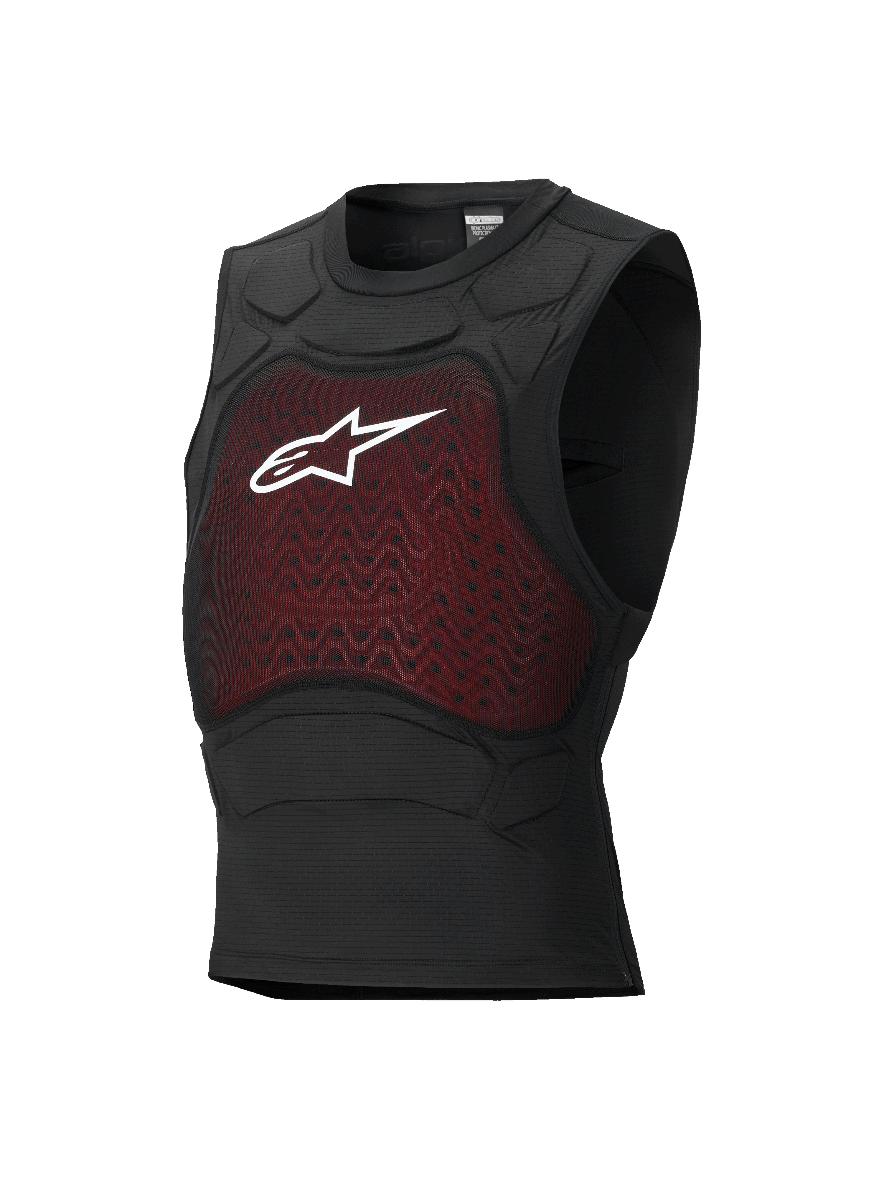 Alpinestars Bionic Plasma LT Protection Vest, kropsbeskyttelse til motorcykel, sort og rød, ærmeløst design med mesh-panel på brystet og hvidt Astars-logo, integreret polstring på skuldrene, åndbar og kropsnær konstruktion