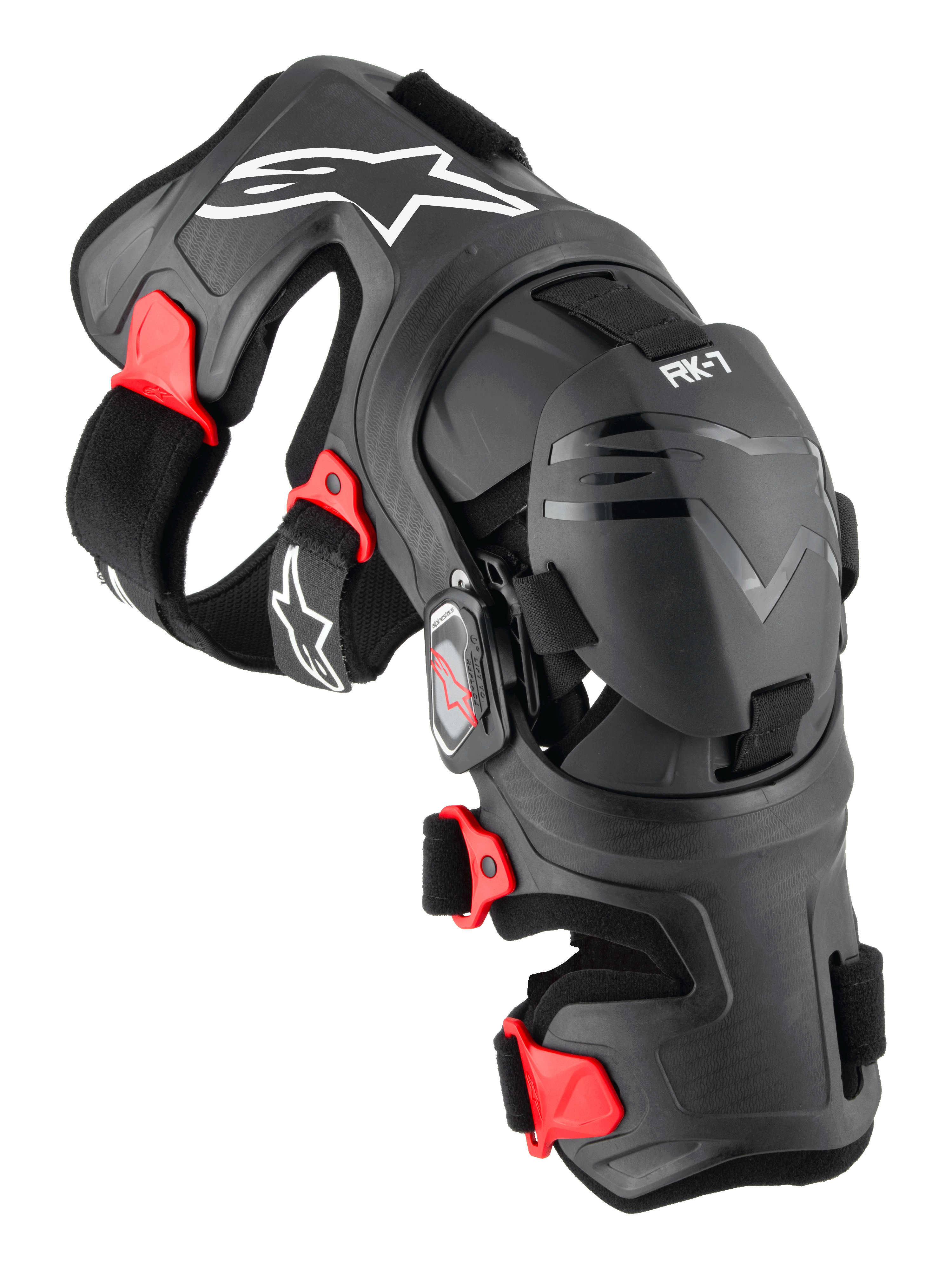 Alpinestars RK-7 Plasma knæskinne, motocross knæbeskytter, sort med røde detaljer og hvide logoer, ergonomisk fiberforstærket ramme med justerbare stropper og fire-punkts hængselsystem, slidstærkt off-road beskyttelsesudstyr