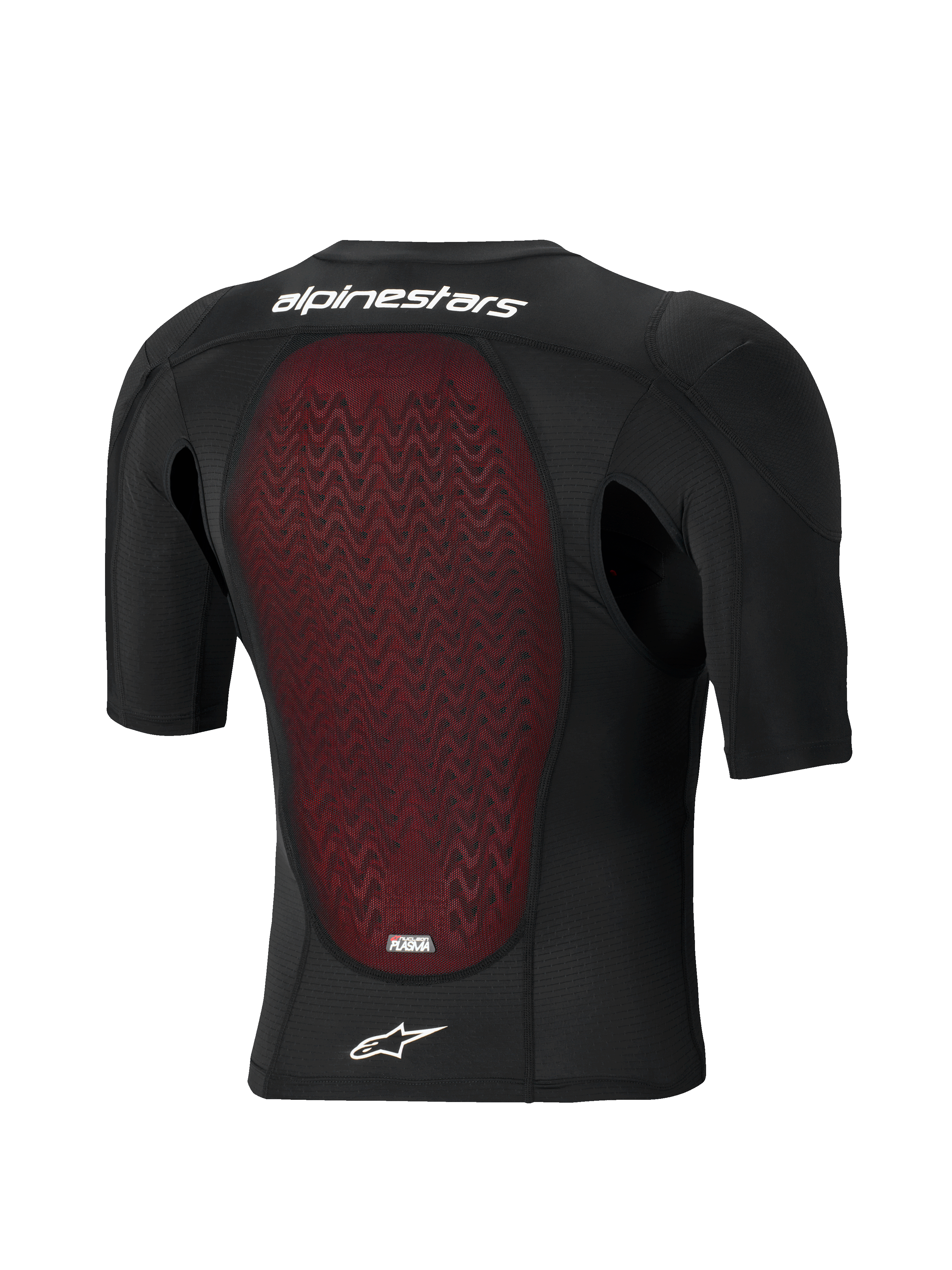 Alpinestars Bionic Plasma LT Protection Jacket - Short Sleeve, set bagfra, sort åndbar mesh-konstruktion med rød tekstureret Nucleon PLASMA rygbeskytter, hvidt Alpinestars-navnetræk og stjernelogo, off-road og motocross beskyttelsesudstyr