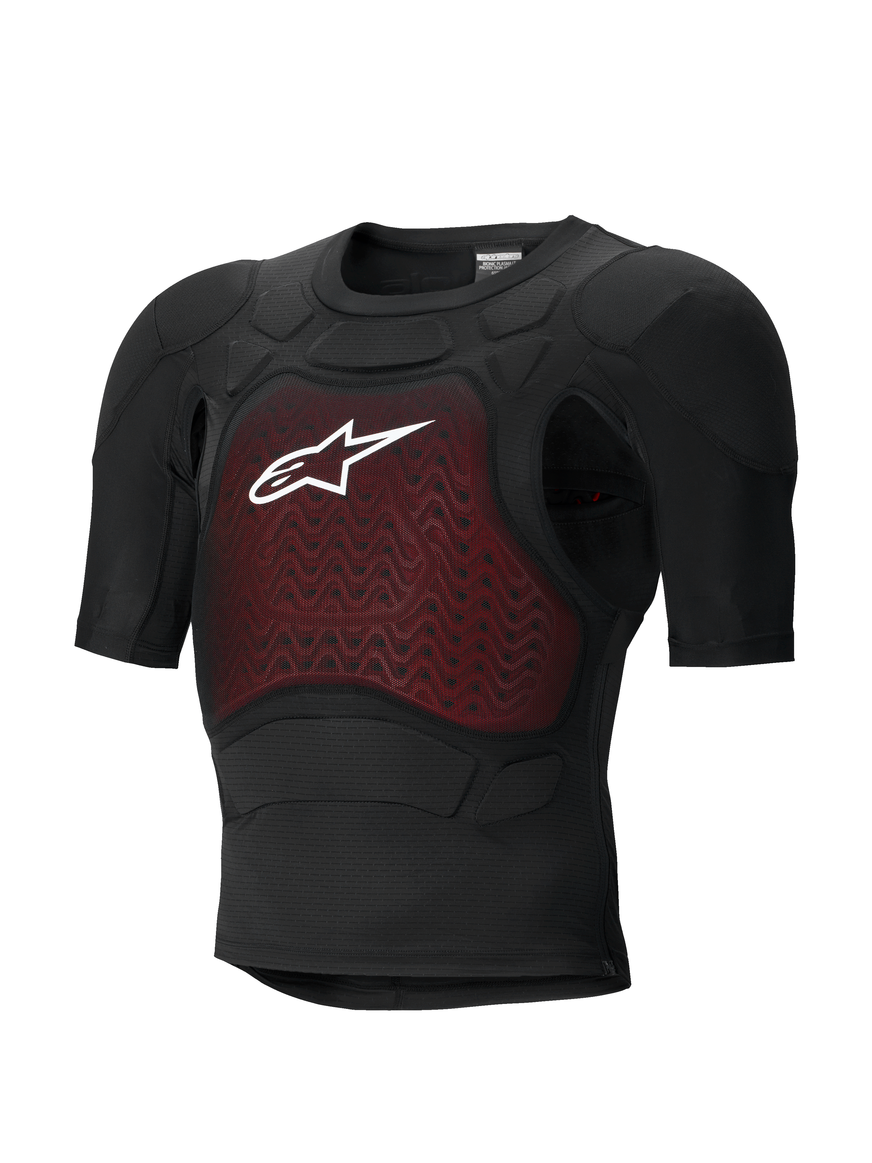 Alpinestars Bionic Plasma LT beskyttelsesjakke - kortærmet, sort og rød, kropsbeskyttelse til motorcykel med CE-certificeret beskyttende polstring, letvægts åndbart mesh-chassis, med et rødt tekstureret brystpanel og hvidt Alpinestars-logo