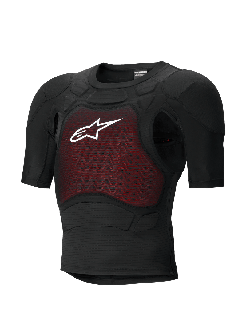 Alpinestars Bionic Plasma LT beskyttelsesjakke - kortærmet, sort og rød, kropsbeskyttelse til motorcykel med CE-certificeret beskyttende polstring, letvægts åndbart mesh-chassis, med et rødt tekstureret brystpanel og hvidt Alpinestars-logo
