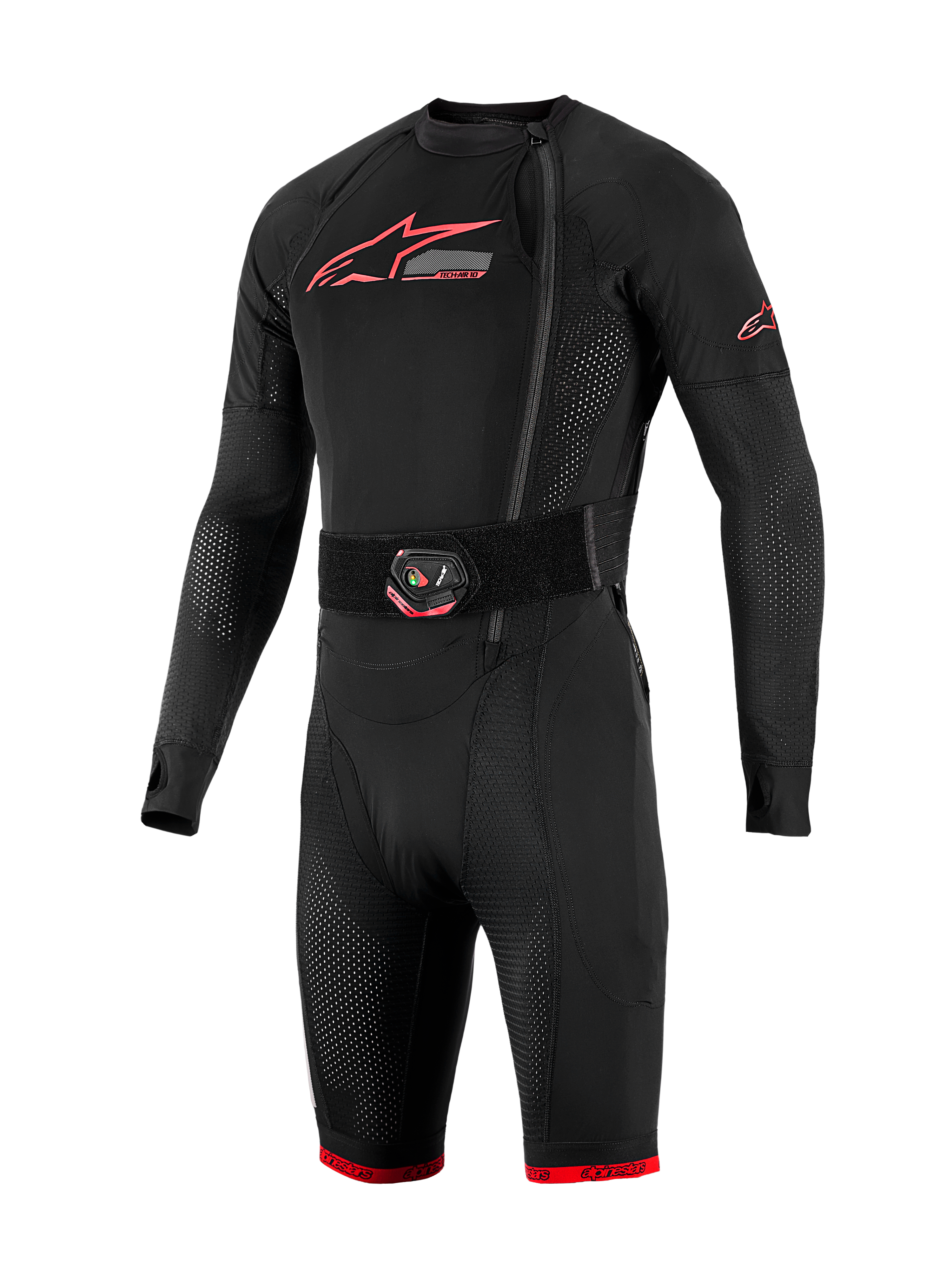 Tech-Air 10 V2 Race Airbag System, sort basislag med røde logoer, LED-aktiveringsbælte og åndbare mesh-paneler.