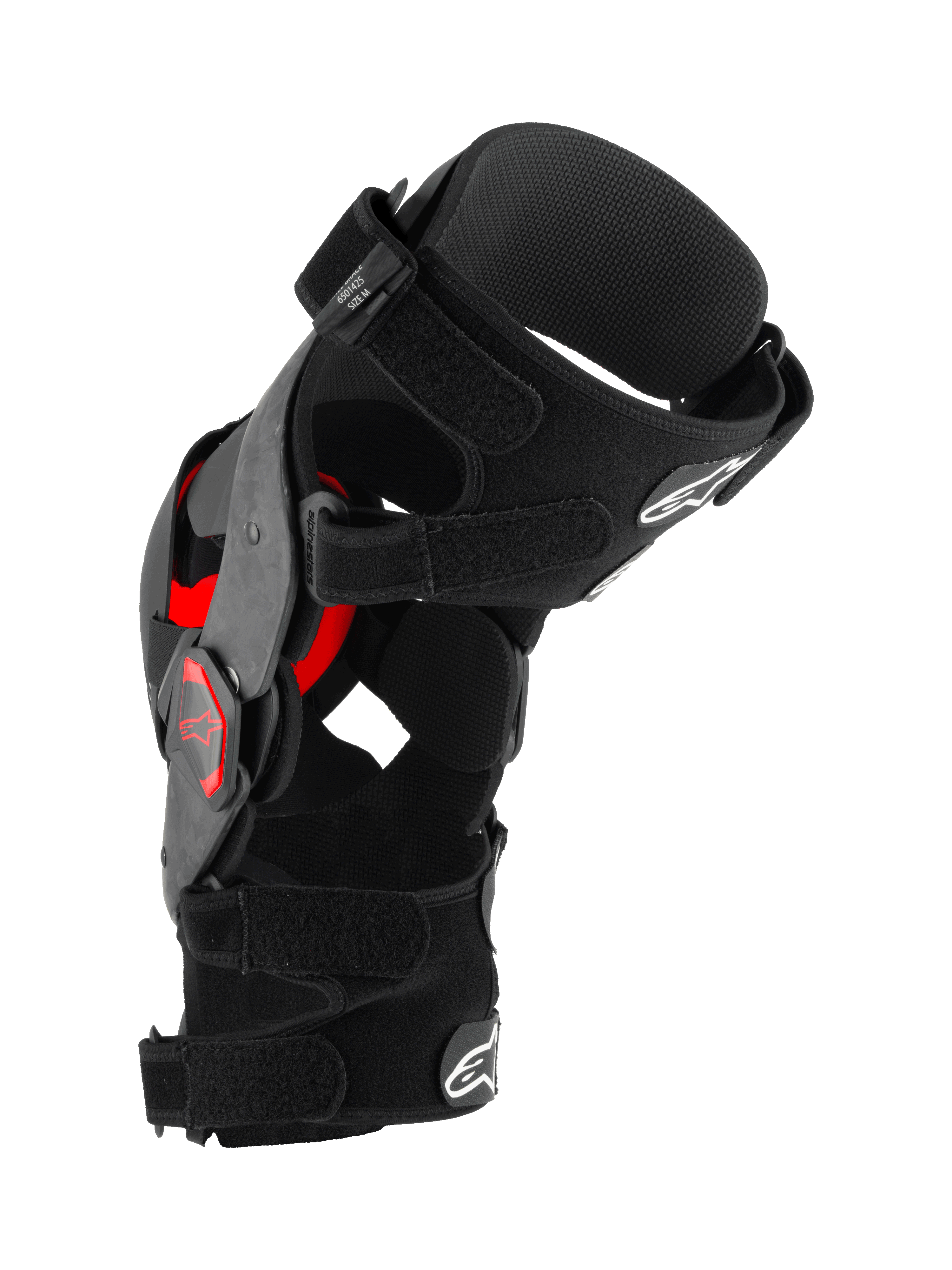 Alpinestars Supertech RK-10 Plasma knæskinne, motocross knæbeskytter, sort og rød, profilvisning fra siden, der viser smedet kulfiberramme, justerbare stropper og røde Nucleon PLASMA-indsatser, beskyttelsesudstyr til off-road kørsel