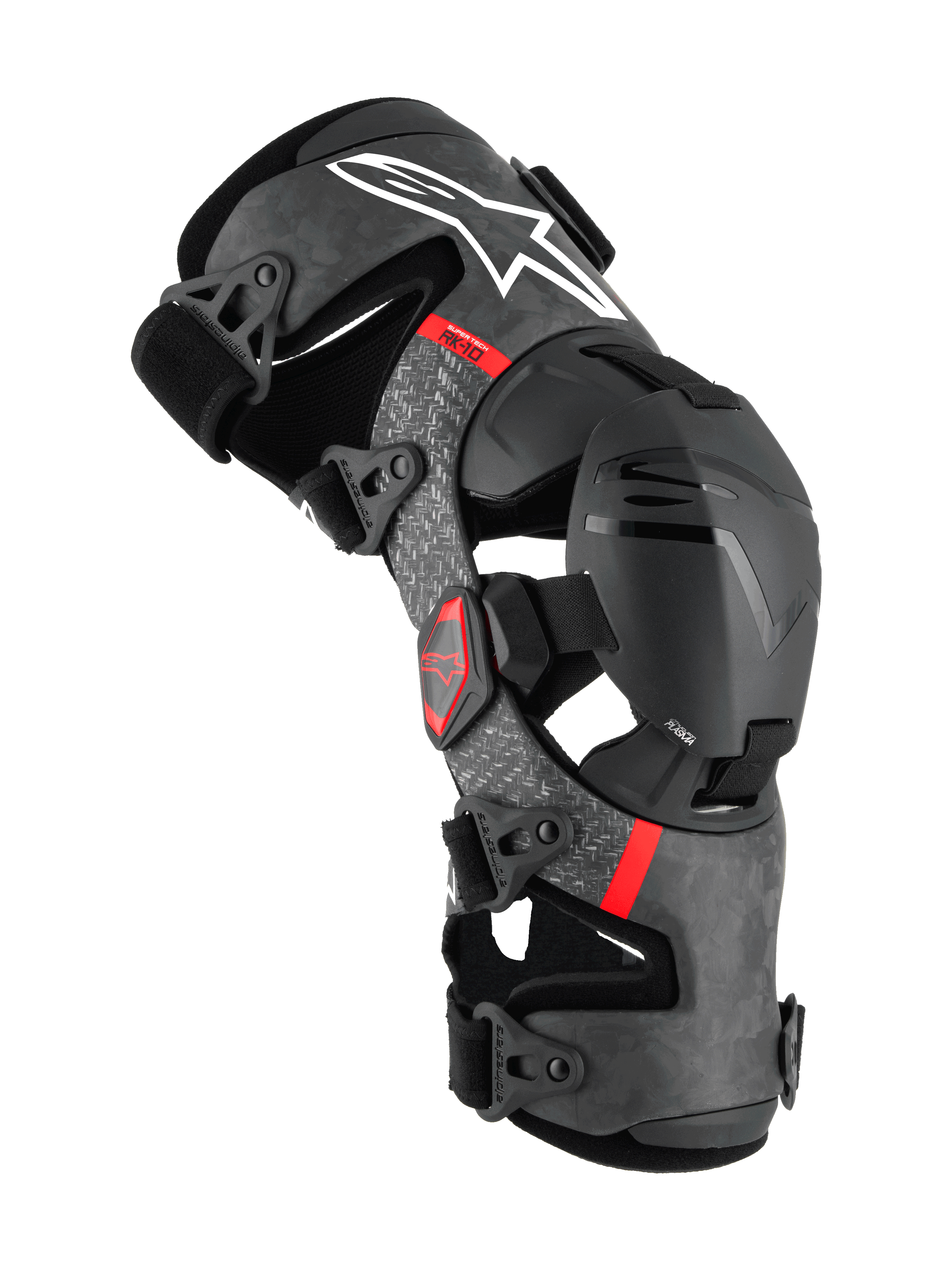 Alpinestars Supertech RK-10 Plasma knæskinne, motocross beskyttelsesudstyr, sort med ramme i smedet kulfiber og grå detaljer, rødt branding, hængslet støttesystem med justerbare remme, premium off-road beskyttelse