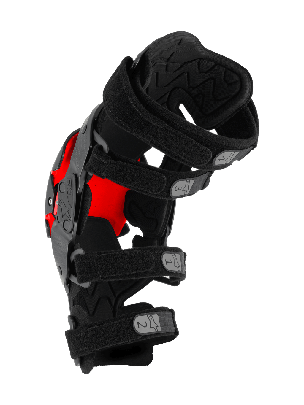 Alpinestars RK-1 Plasma knæskinne, motocross knæbeskytter, sort og rød, sidevisning med fire nummererede justerbare stropper og tekstureret indvendig polstring, teknisk beskyttelsesudstyr til off-road racing
