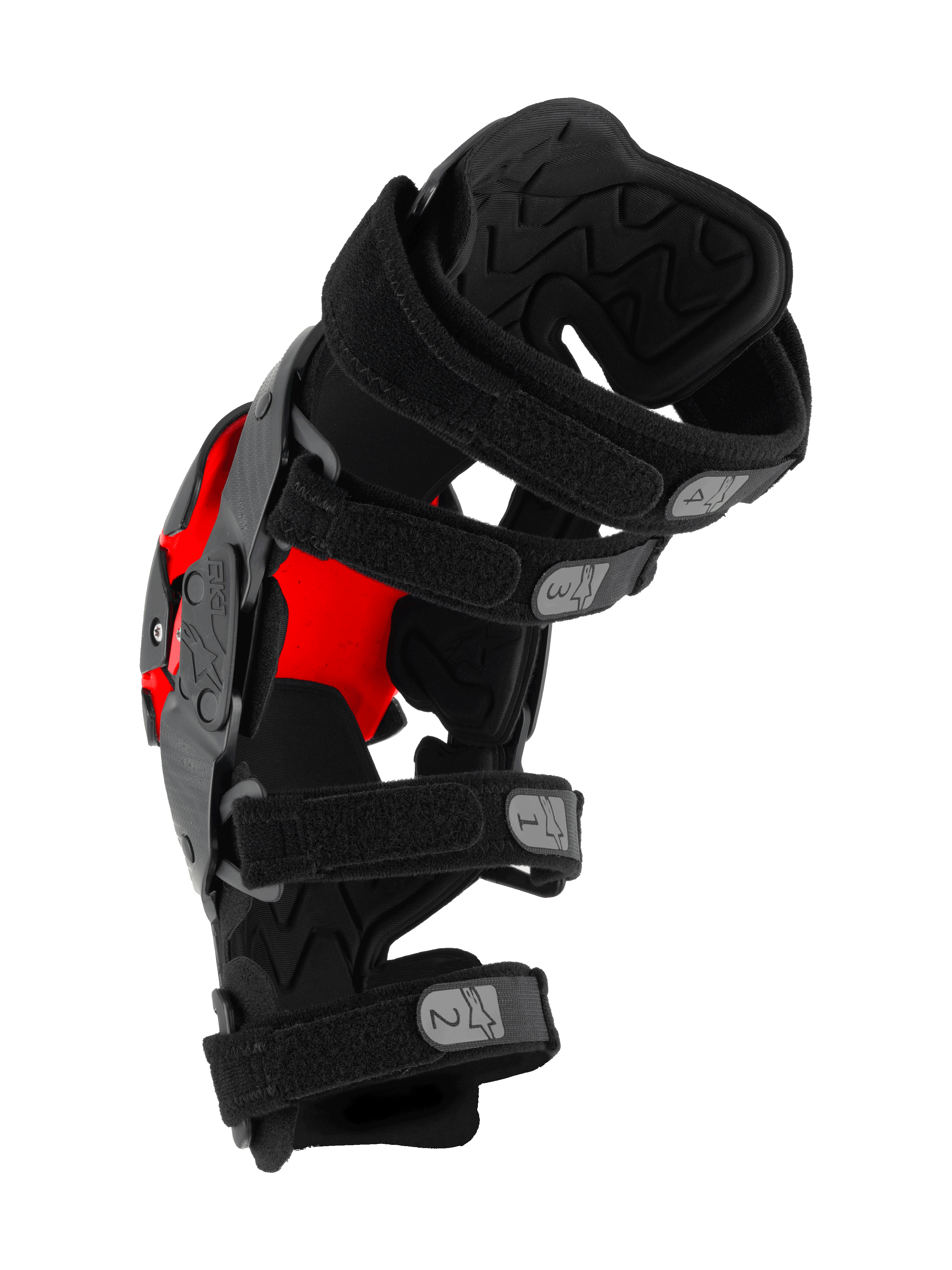 Alpinestars RK-1 Plasma knæskinne, motocross knæbeskytter, sort og rød, sidevisning med fire nummererede justerbare stropper og tekstureret indvendig polstring, teknisk beskyttelsesudstyr til off-road racing