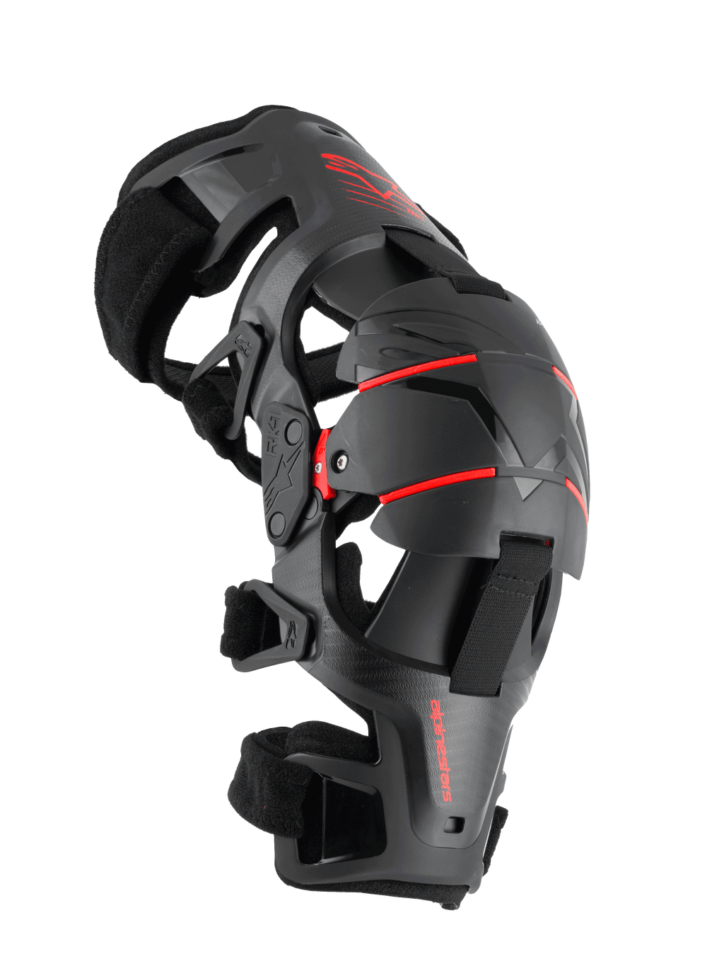Alpinestars RK-1 Plasma knæskinne, motorcykel knæbeskyttelse, sort og rød, sideprofil med det leddelte firepunkts hængselsystem, tredelt segmenteret knæskål og justerbare remme til off-road racing