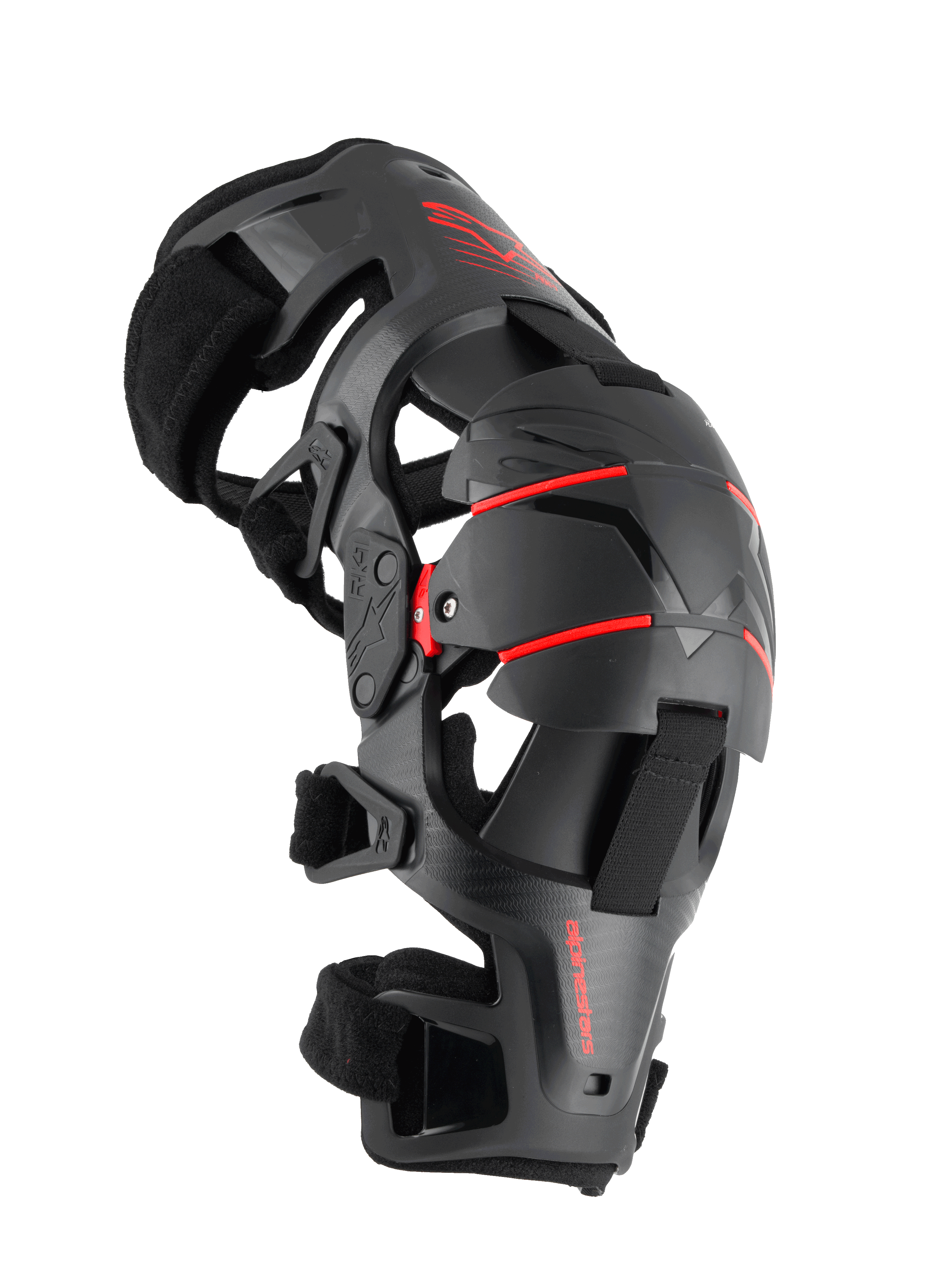 Alpinestars RK-1 Plasma knæskinne, motorcykel knæbeskyttelse, sort og rød, sideprofil med det leddelte firepunkts hængselsystem, tredelt segmenteret knæskål og justerbare remme til off-road racing
