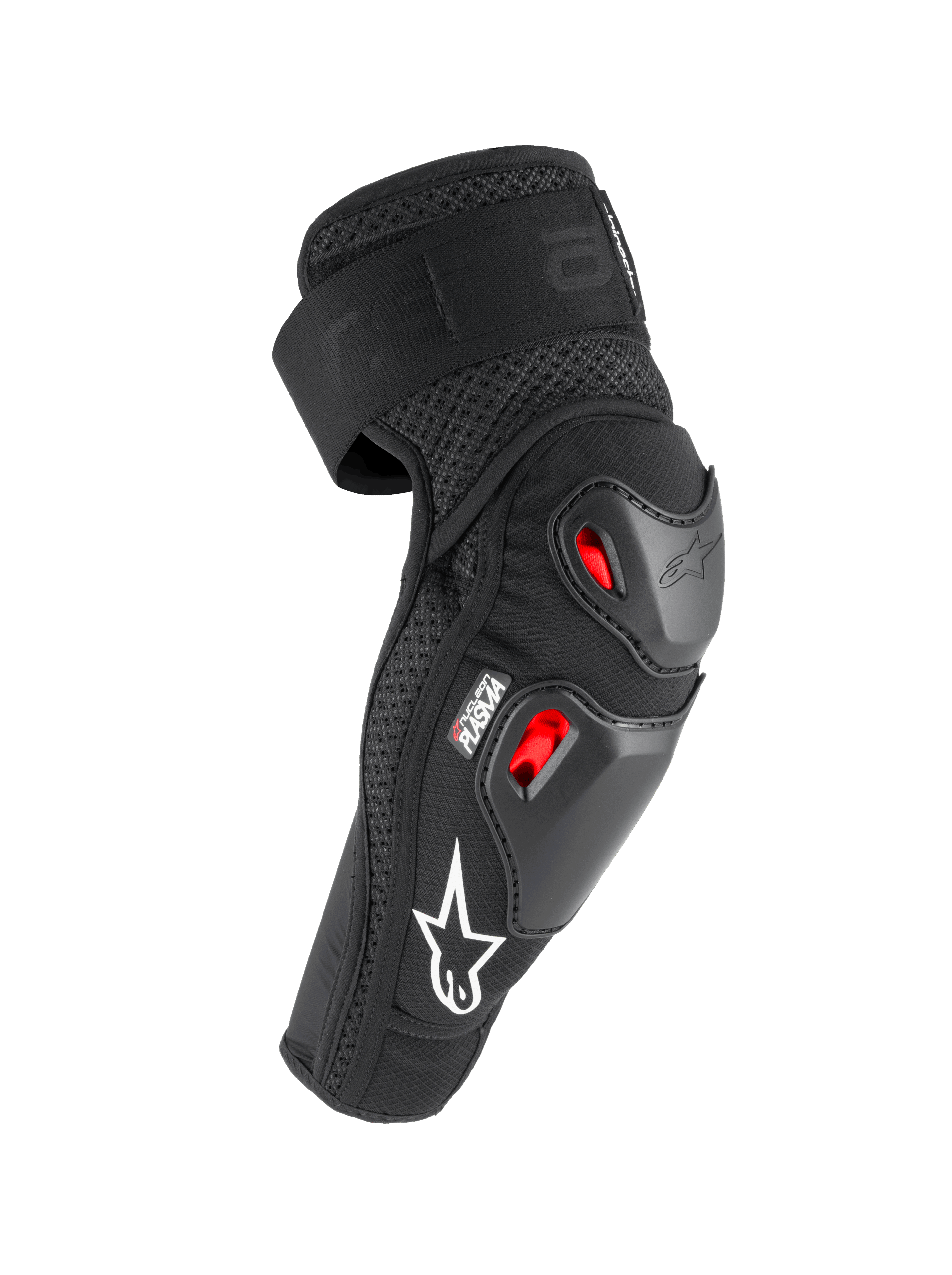 Alpinestars Bionic Pro Plasma albuebeskyttere, sort, rød og hvid, med dobbelte termoplastiske skaller og Nucleon PLASMA stødabsorbering, åndbart mesh-design med hvidt logo, beskyttelsesudstyr til off-road motorcykelkørsel
