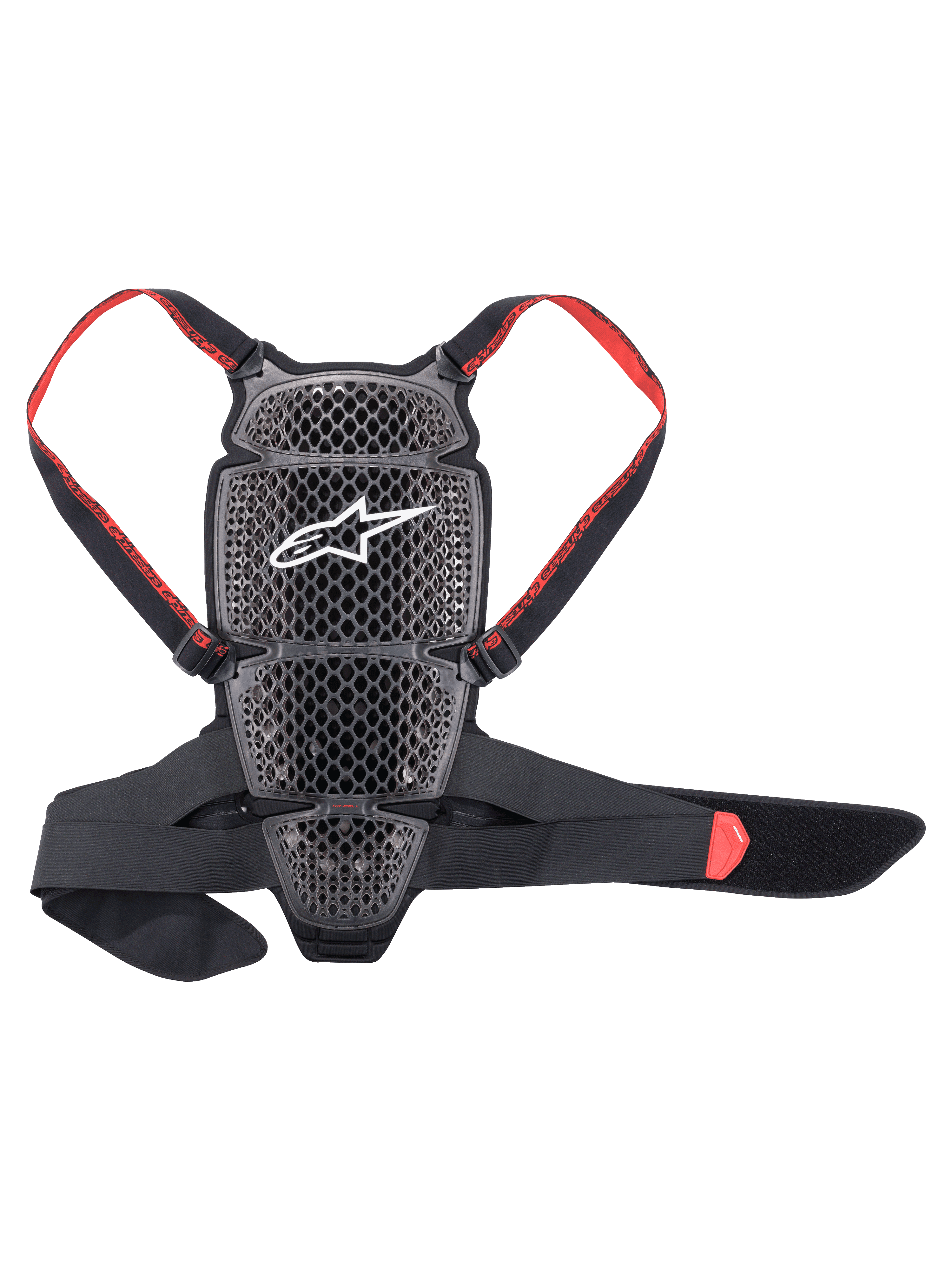 Alpinestars Nucleon KR-Cell Protector, Motorcycle Back Protector, Smoke Black and Red, featuring a perforated honeycomb grid with a white Alpinestars logo, adjustable red branded straps, and a black waist belt, ergonomic ventilated design