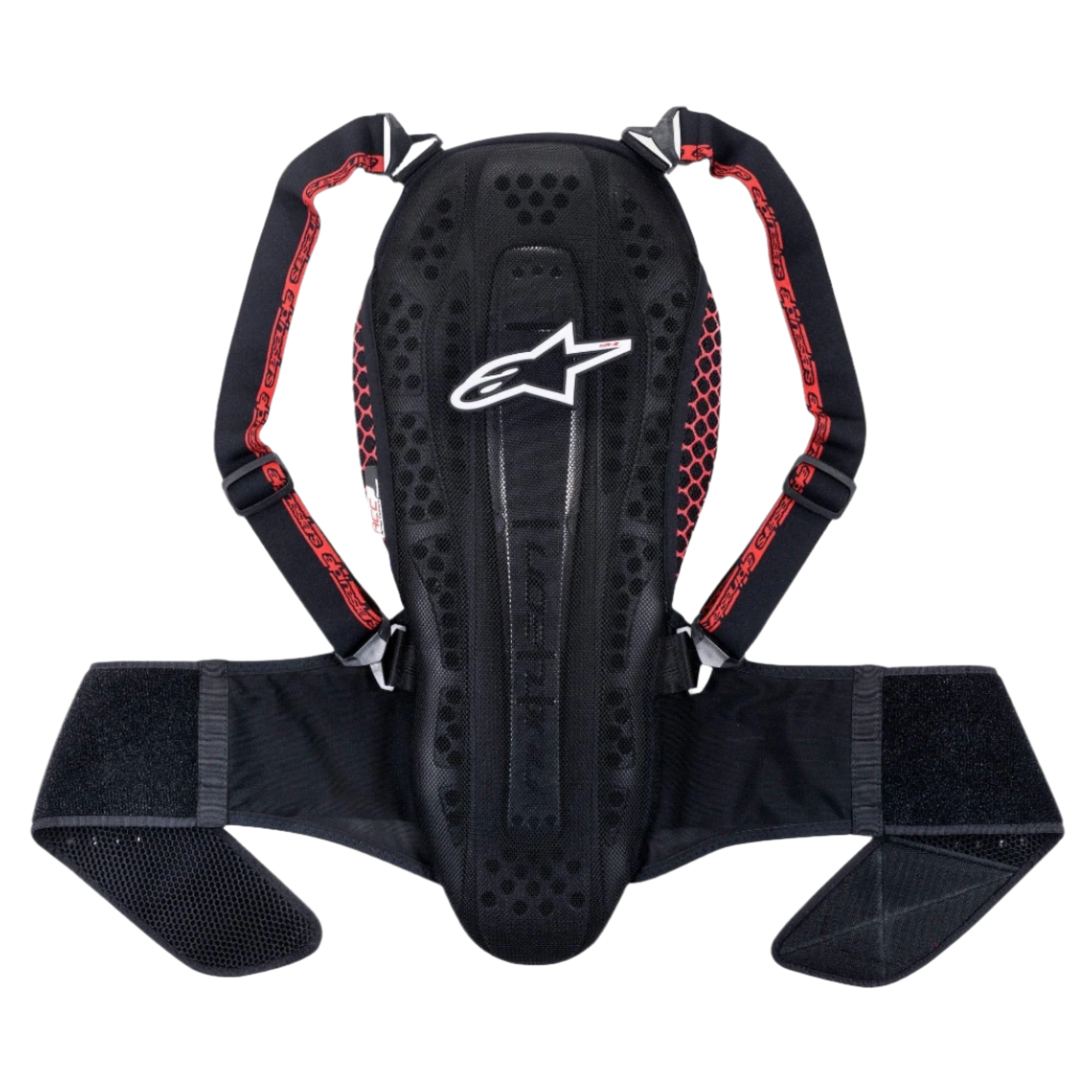 Alpinestars Nucleon KR-2 rygbeskytter, Black Smoke Red, med leddelt hvirvelsøjle-design, justerbare skulderstropper med røde detaljer og et bredt taljebælte, letvægts motorcykel-rygbeskyttelse