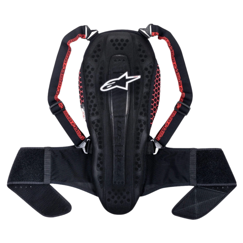 Alpinestars Nucleon KR-2 rygbeskytter, Black Smoke Red, med leddelt hvirvelsøjle-design, justerbare skulderstropper med røde detaljer og et bredt taljebælte, letvægts motorcykel-rygbeskyttelse