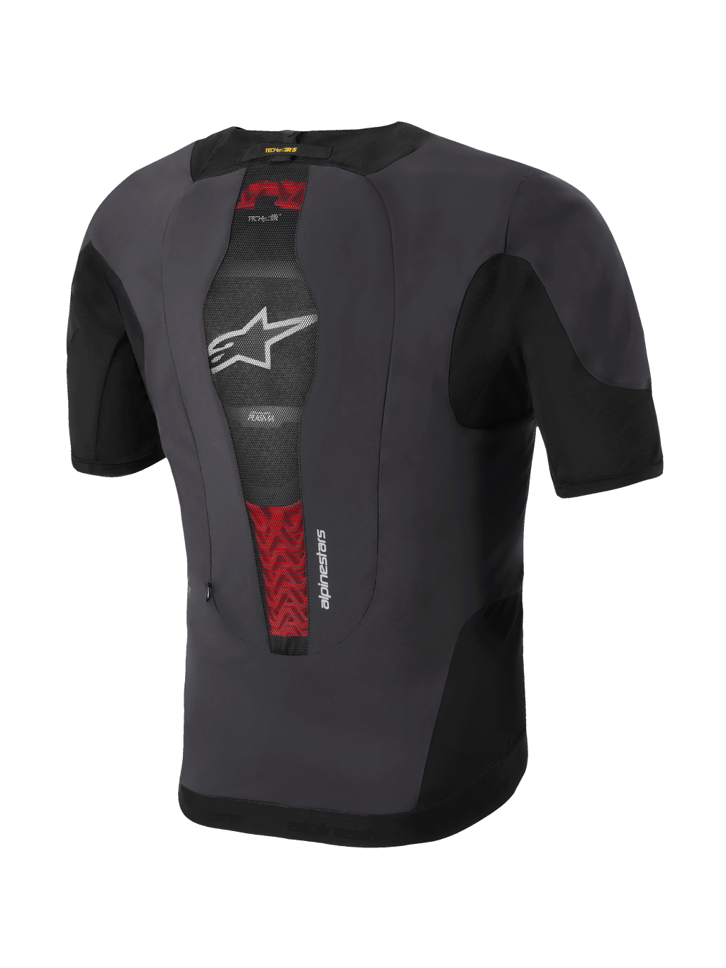 Alpinestars Tech-Air® 5 Plasma System, motorcykel airbag-vest, set bagfra, sort og mørkegrå, integreret PLASMA-rygbeskytter synlig gennem mesh-panel med røde detaljer, hvidt stjernelogo, slankt og åndbart under-jakke-design