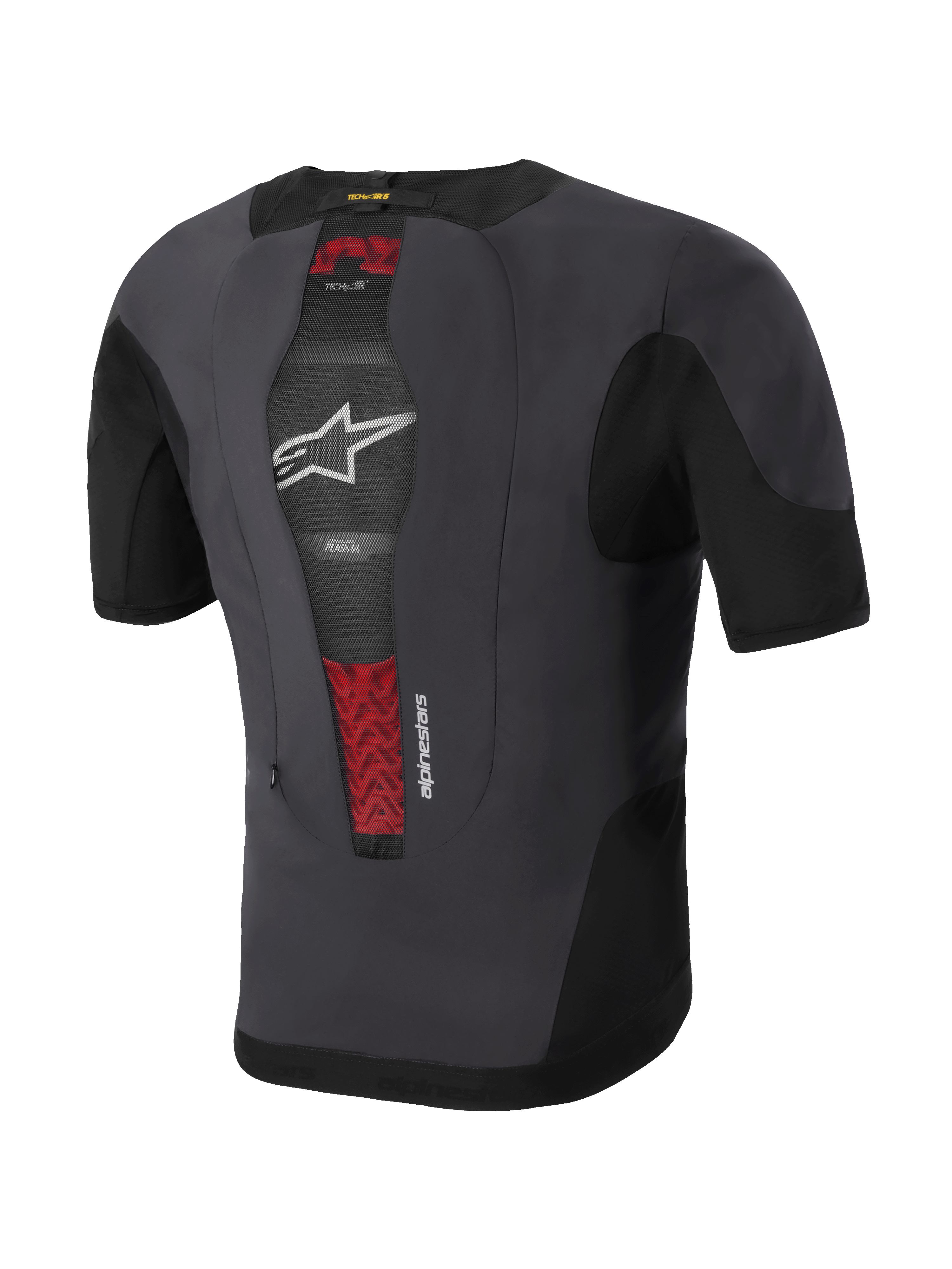 Alpinestars Tech-Air® 5 Plasma System, motorcykel airbag-vest, set bagfra, sort og mørkegrå, integreret PLASMA-rygbeskytter synlig gennem mesh-panel med røde detaljer, hvidt stjernelogo, slankt og åndbart under-jakke-design