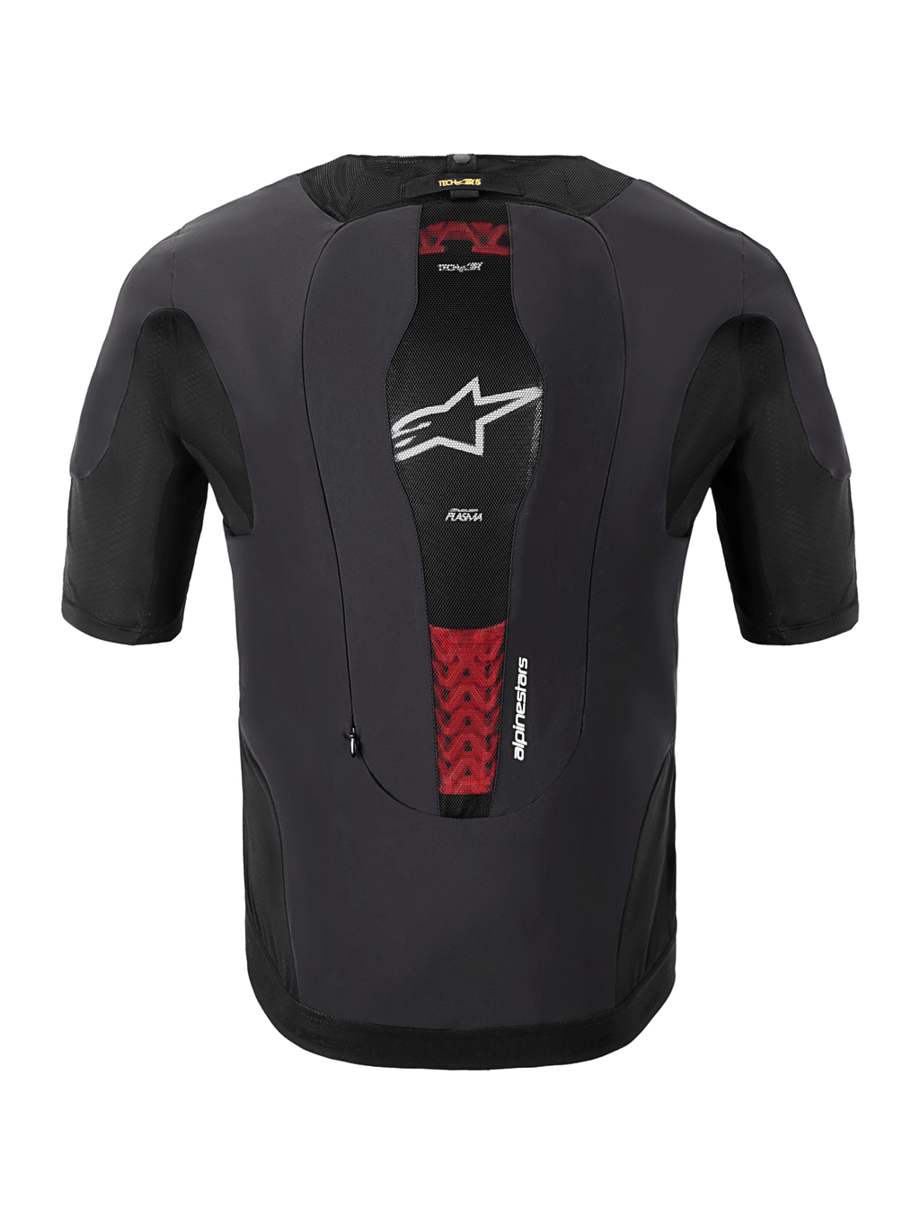 Alpinestars Tech-Air® 5 Plasma System, motorcykel airbag-system, set bagfra, sort, har et centralt mesh-panel med et hvidt stjerne-logo og røde detaljer fra den interne PLASMA-rygbeskytter, tætsiddende kortærmet design til beskyttelse under jakken